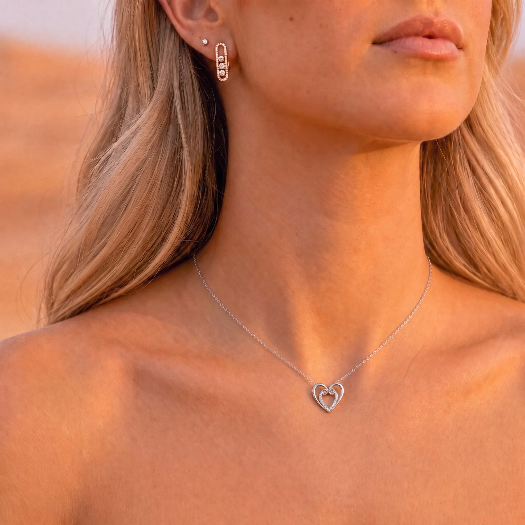 Collier double cœur et signe infini pour femme, en argent 925, finition bicolore élégante