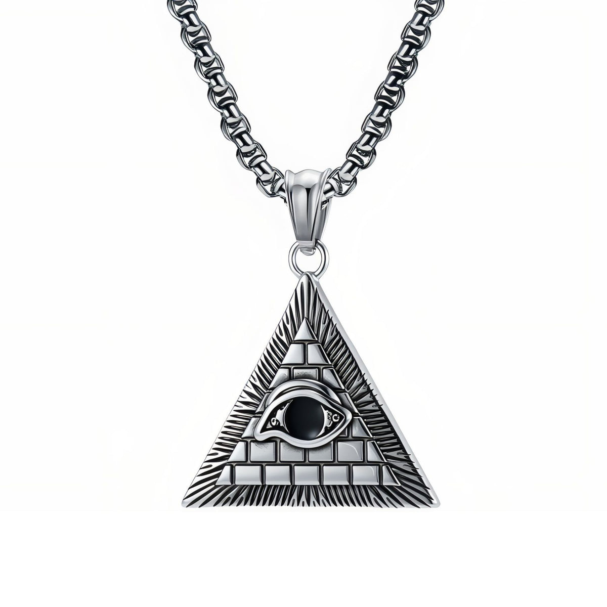 Collier pendentif œil de la Providence pour homme, en acier inoxydable, pyramide égyptienne triangulaire sculptée