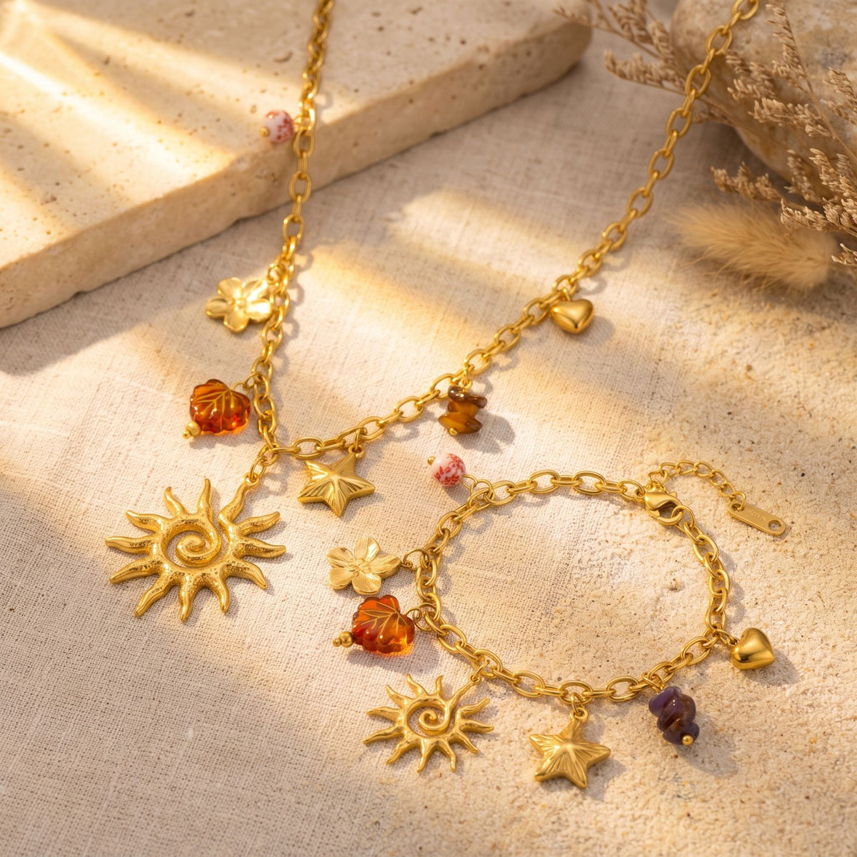 Parure de bijoux bohème pour femme, collier et bracelet en acier inoxydable doré, charms soleil