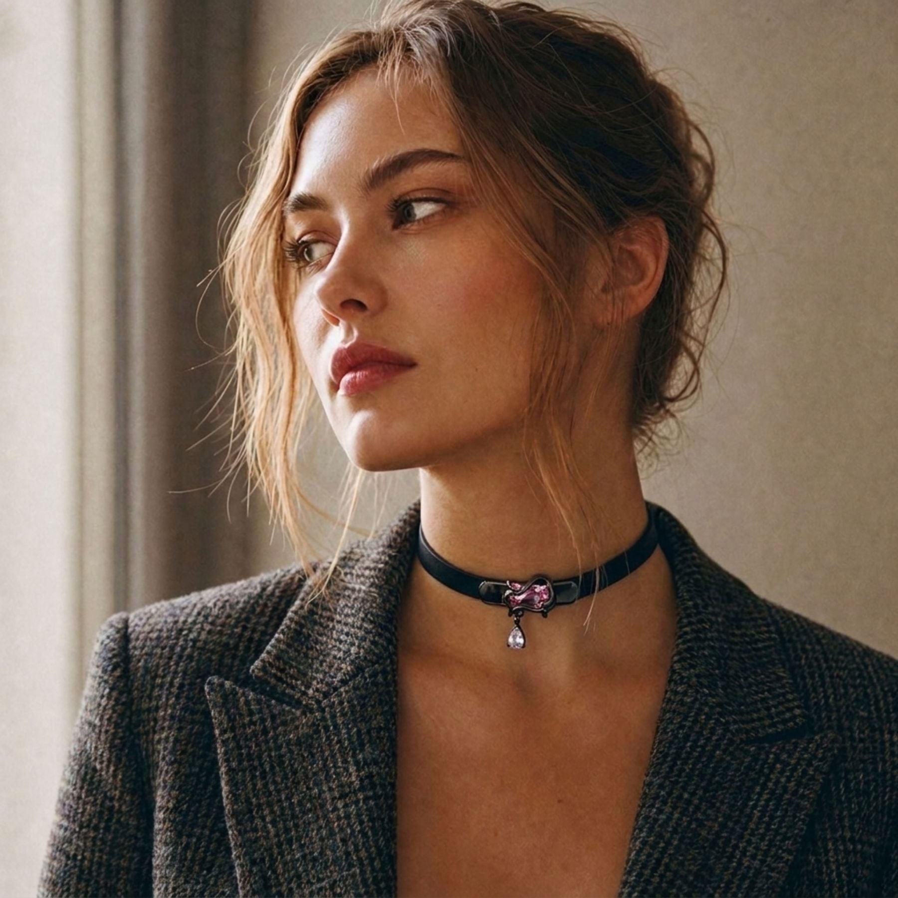 Collier ras-du-cou gothique pour femme, en simili cuir noir, avec cristal décoratif