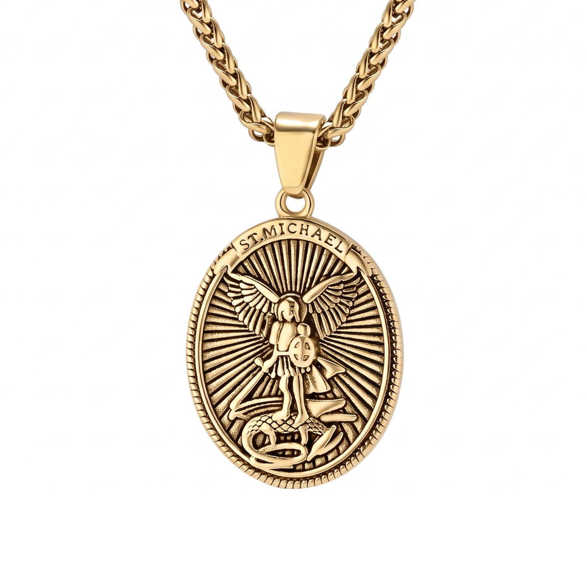Collier pendentif Saint-Michel archange pour homme, en acier inoxydable, avec médaillon ovale sculpté