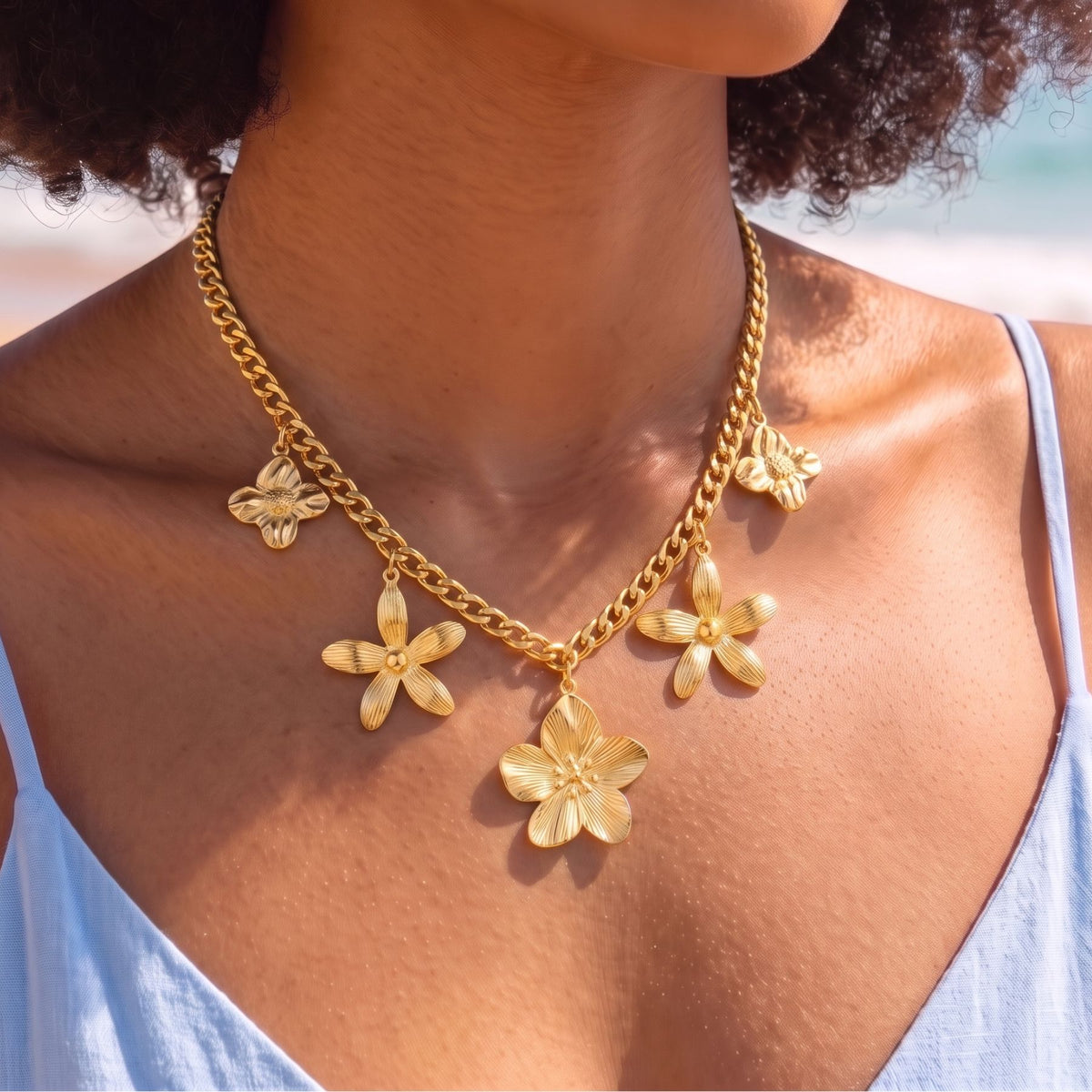 Collier bohème floral pour femme, en acier inoxydable doré, pendentifs fleurs au design élégant