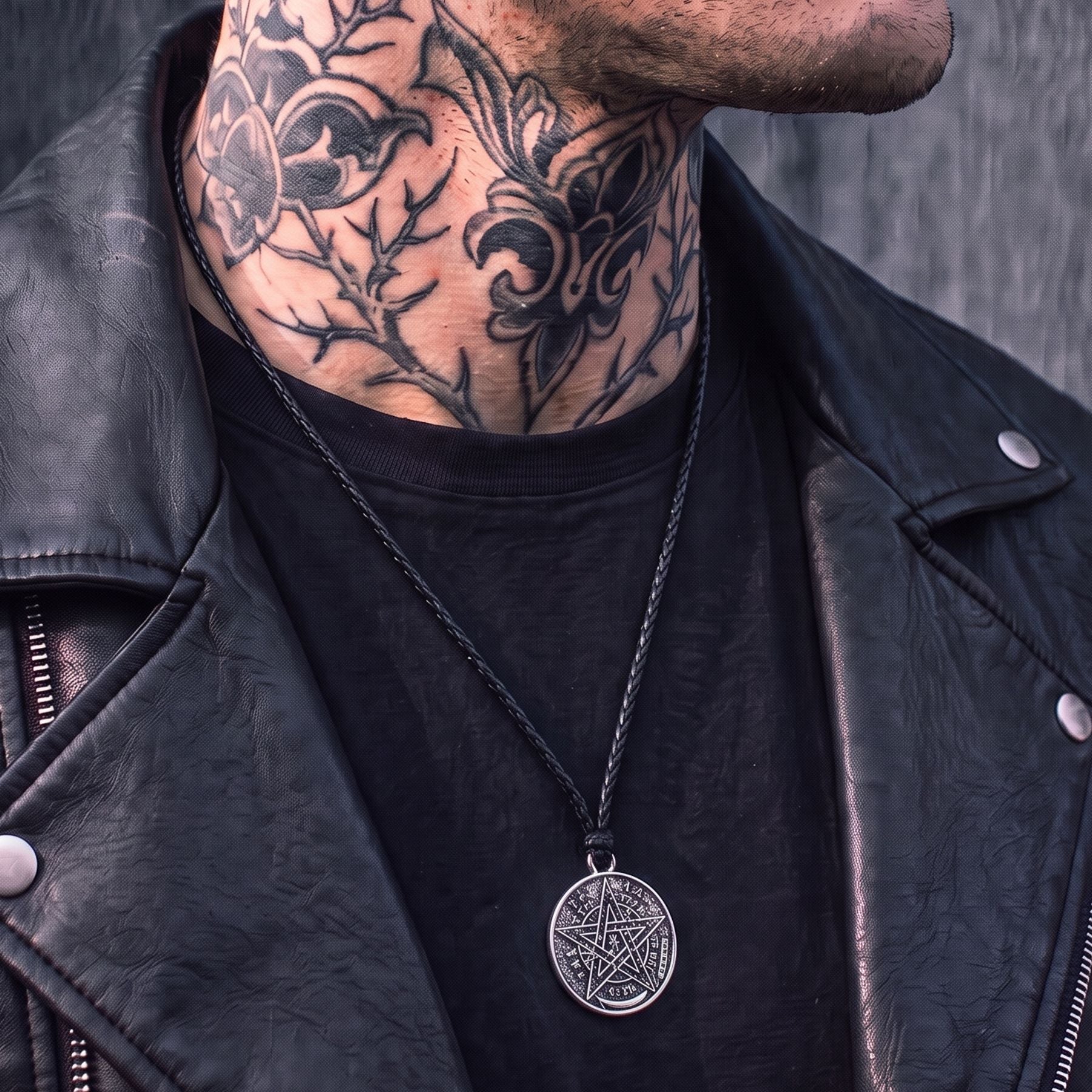 Satanische Pentagramm-Halskette für Herren, aus silberfarbener Zinklegierung, mystischer Stil