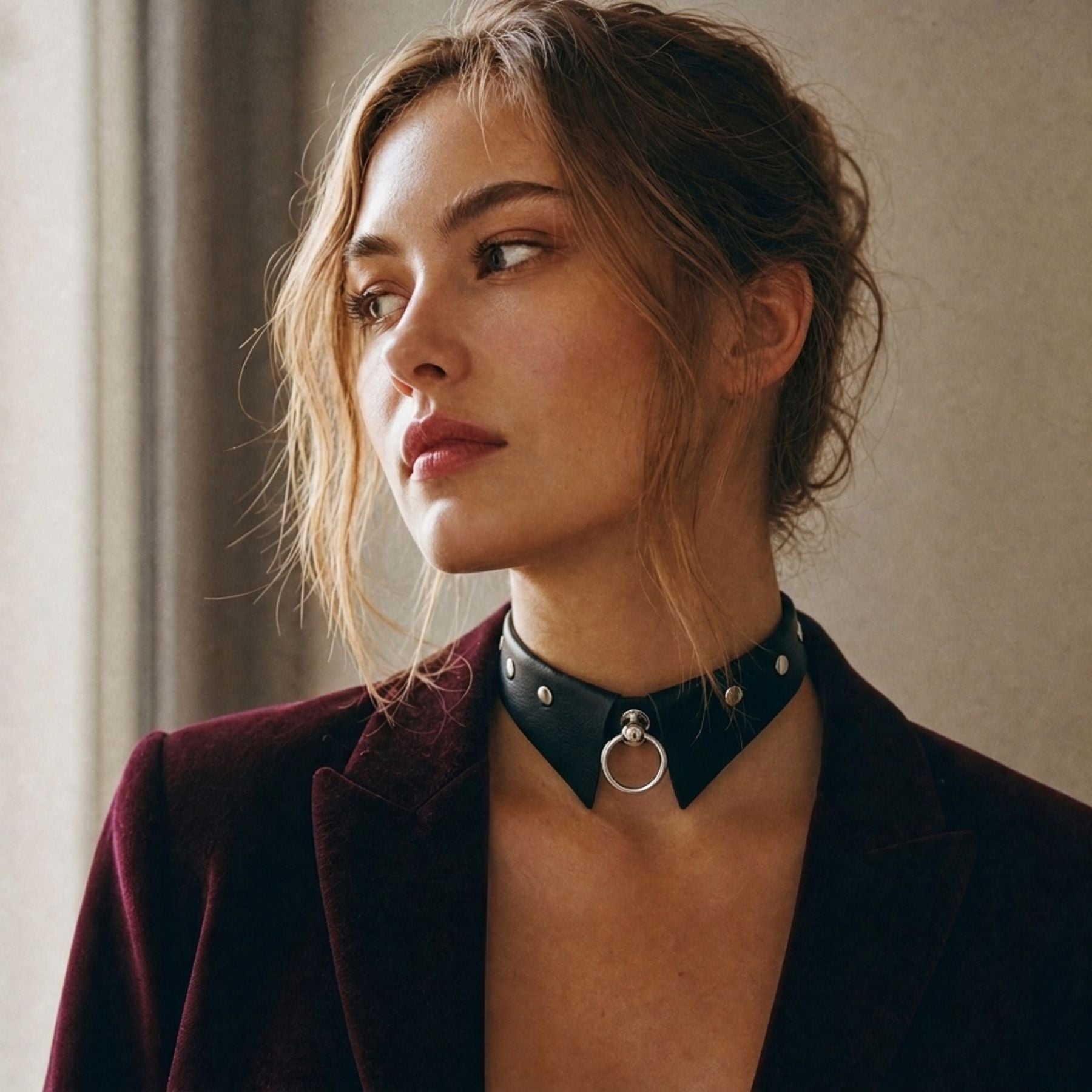 Collier ras de cou gothique pour femme, faux col en simili cuir noir, avec anneau argenté