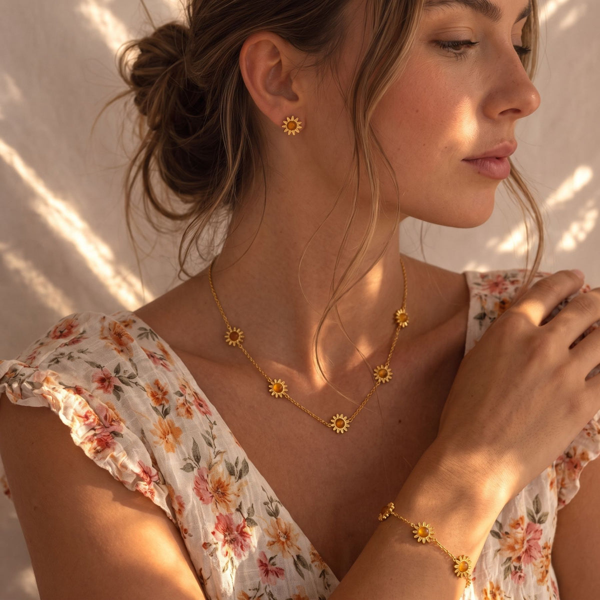Parure de bijoux soleil pour femme, collier, bracelet et boucles d'oreilles en acier inoxydable doré, avec œil de tigre