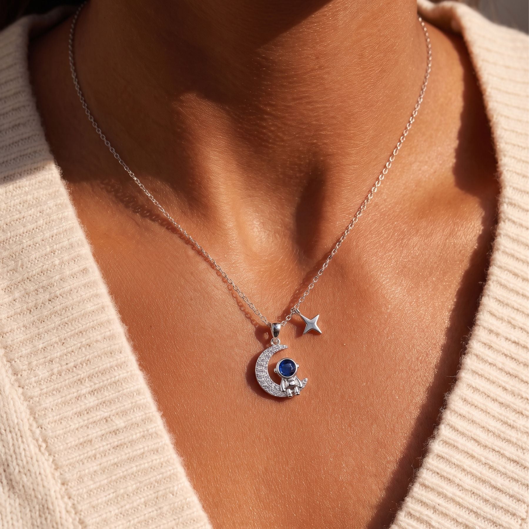 Collier astronaute pour femme, en argent 925, avec zircon, pendentif lune et étoile