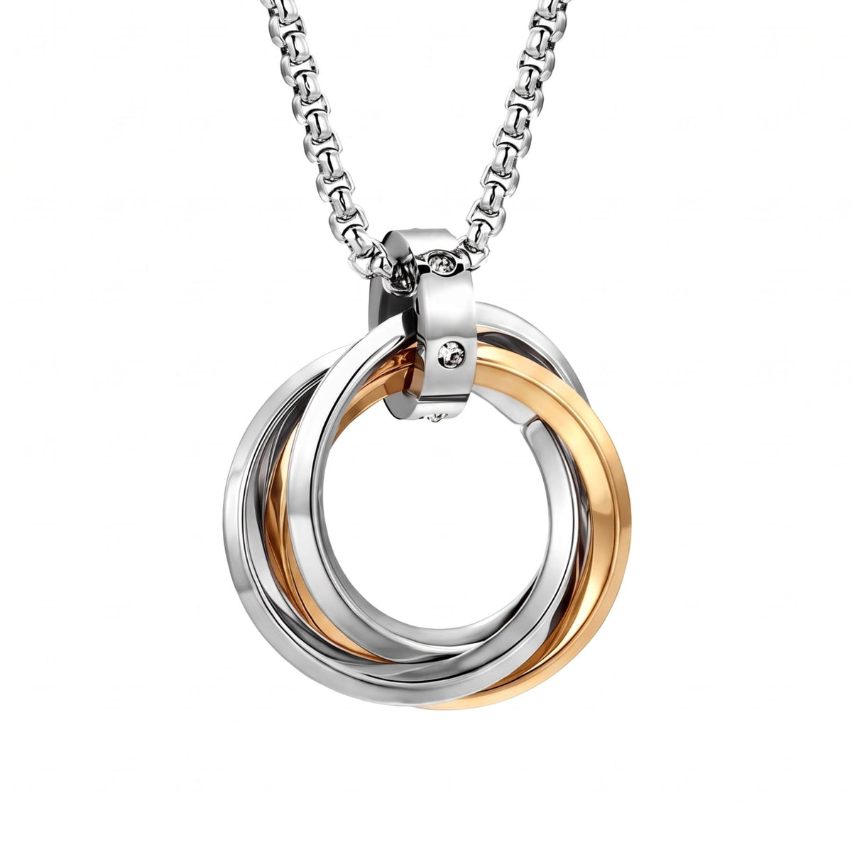 Collier pendentif triple anneaux entrelacés pour homme, en acier inoxydable, design circulaire avec cristaux et finitions colorées