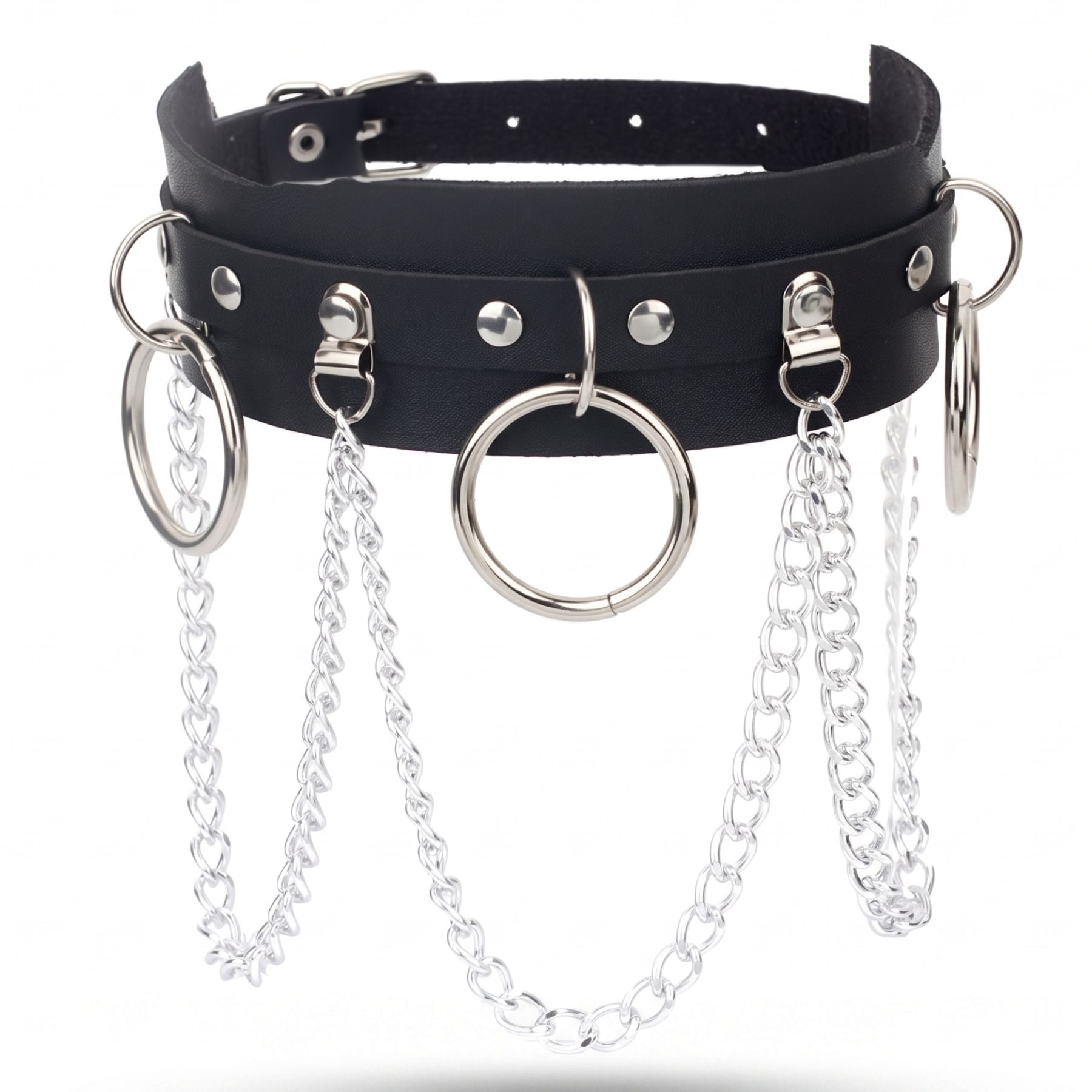 Collier punk pour femme, en simili cuir noir, chaînes multiples et anneaux en alliage métalliques