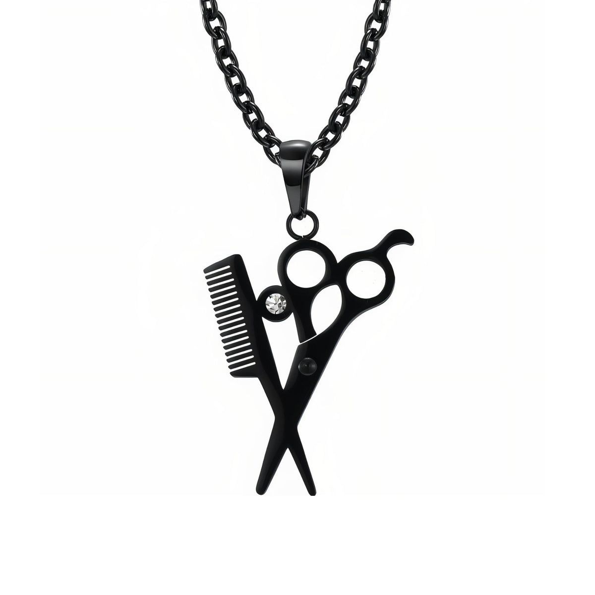 Collier ciseaux et peigne de coiffeur pour homme, en acier inoxydable, avec cristal décoratif