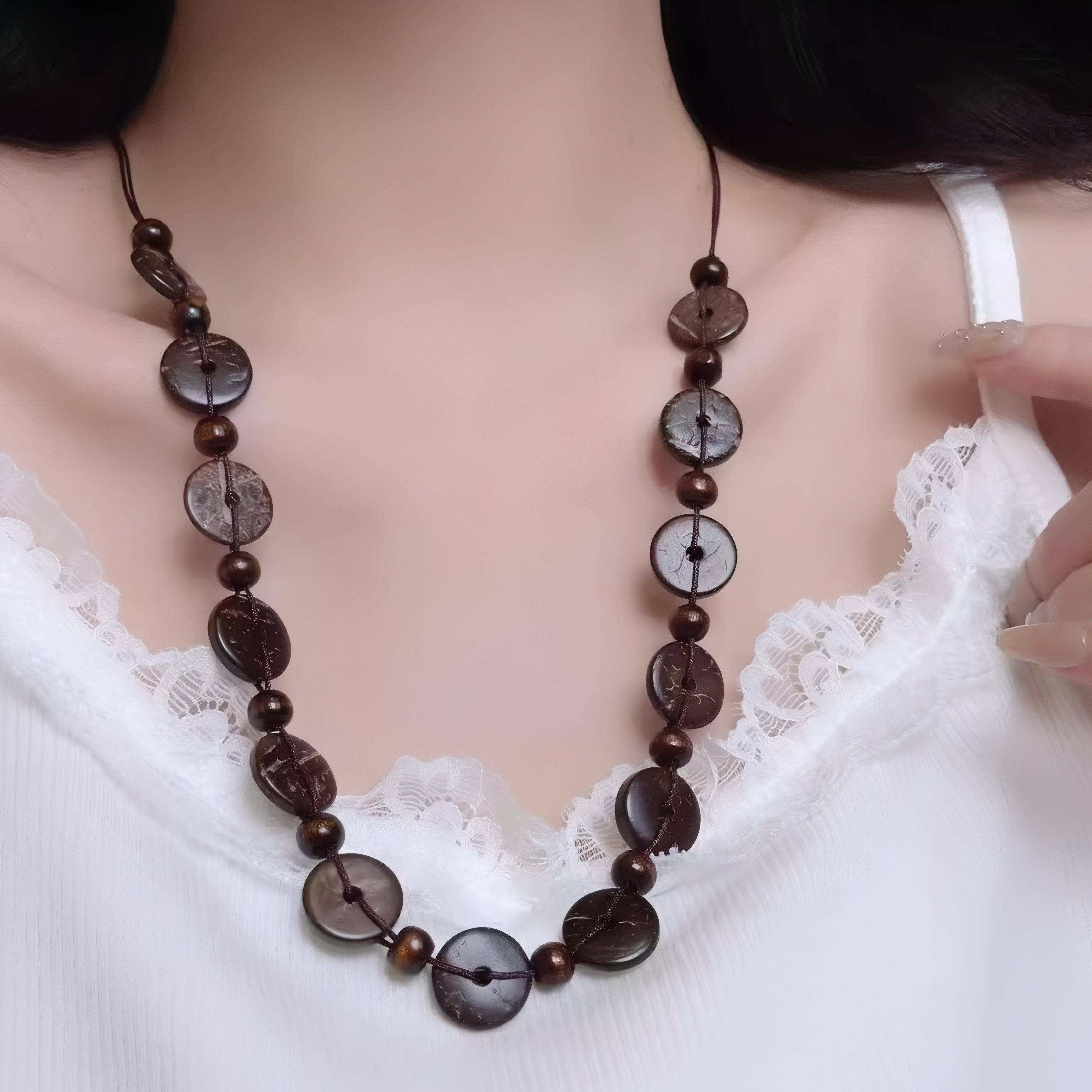Collier ras de cou pour femme en perles de bois, forme de disque en coque de coco, style bohème