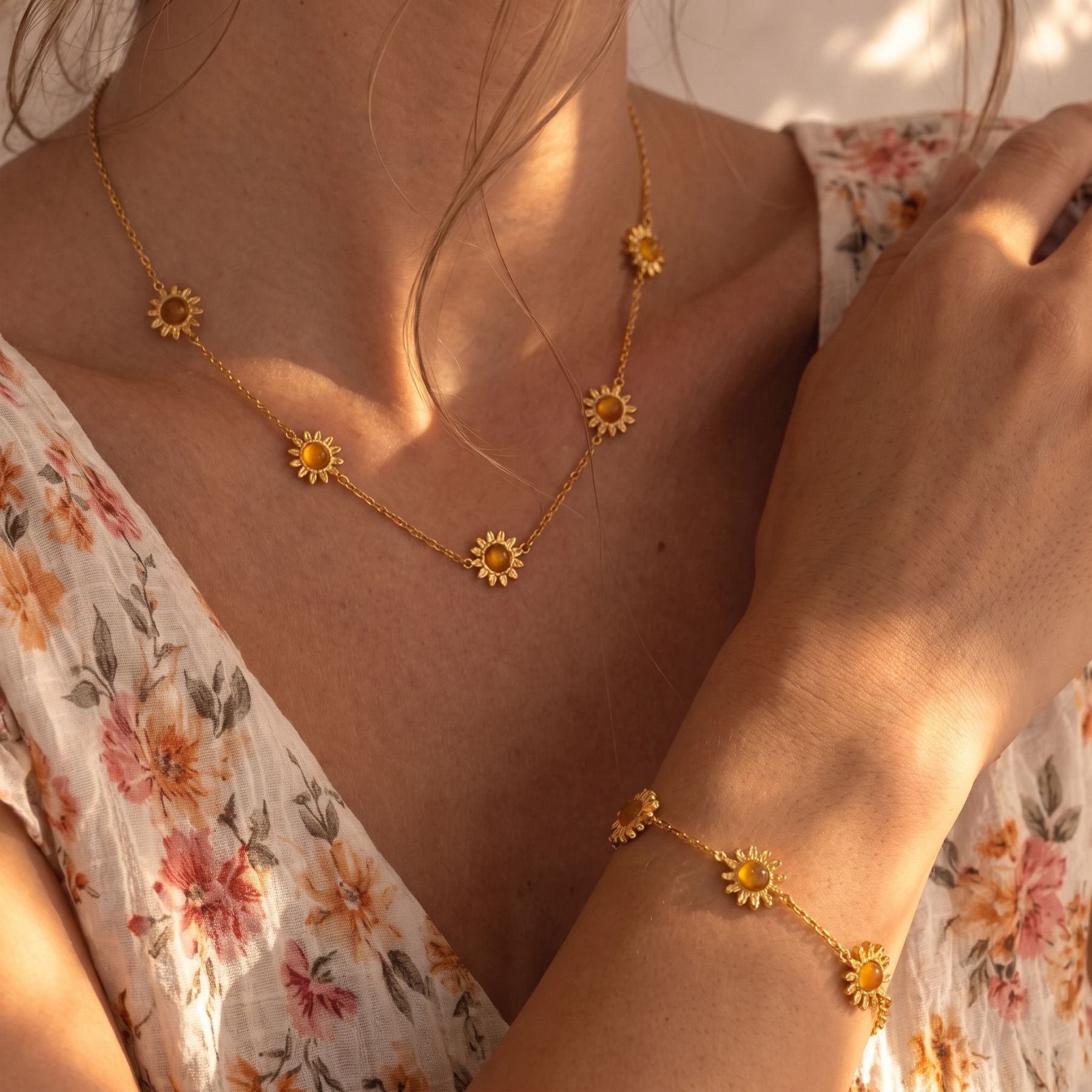 Parure de bijoux soleil pour femme, collier, bracelet et boucles d'oreilles en acier inoxydable doré, avec œil de tigre