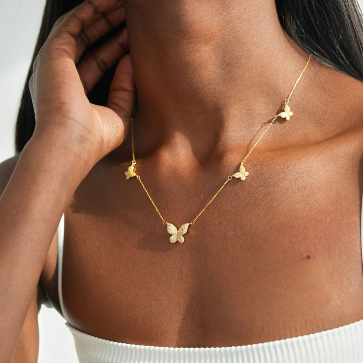 Collier papillon pour femme, en argent 925, avec zircon, finition dorée élégante