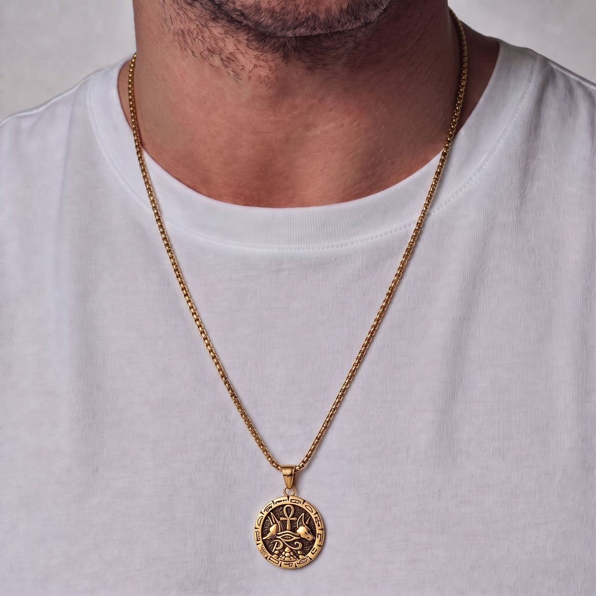 Collar Anubis con cruz Ankh para hombre, de acero inoxidable, inspirado en el antiguo Egipto