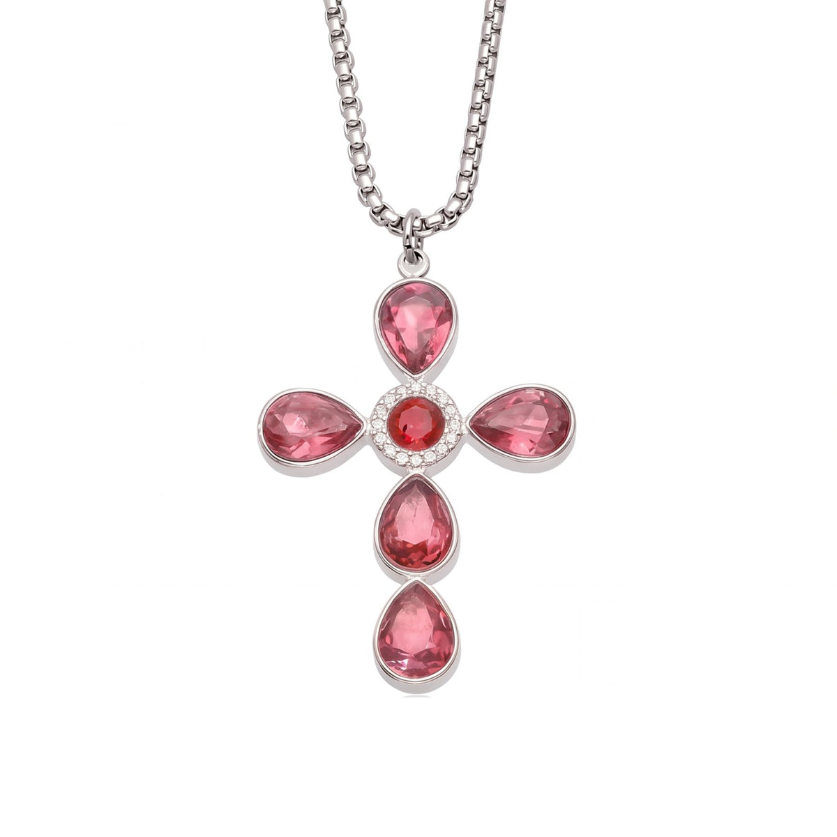 Collana con croce da donna, in acciaio inox argentato, ciondolo incastonato con zirconi colorati a forma di goccia