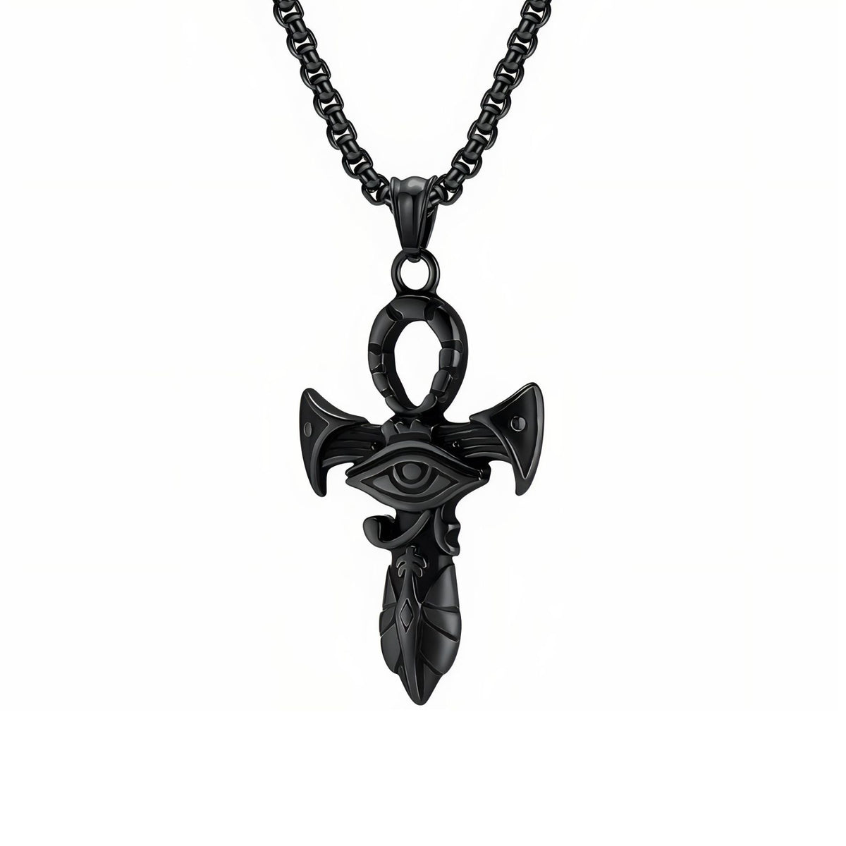 Collana con pendente ankh con Occhio di Horus da uomo, in acciaio titanio, croce egizia con motivi geroglifici scolpiti