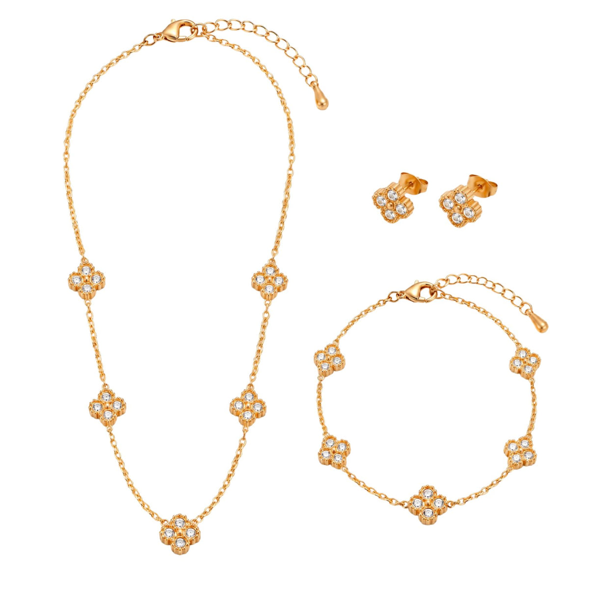 Parure de bijoux trèfle pour femme, collier, bracelet et boucles d'oreilles en acier inoxydable doré, sertis de strass