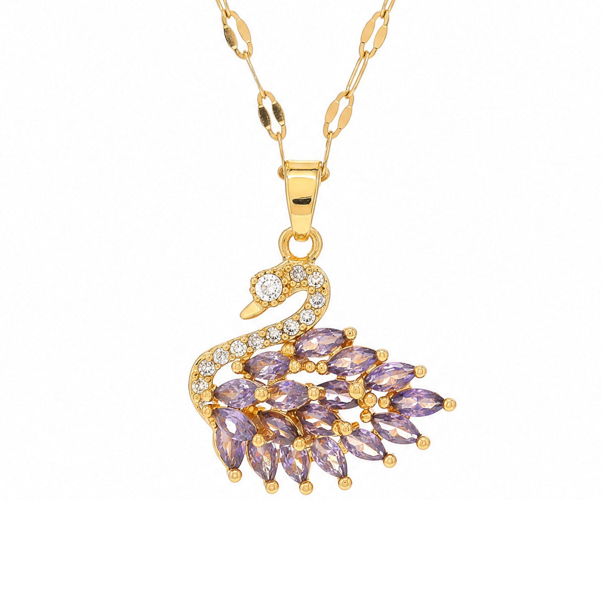 Collier pendentif cygne pour femme, en acier titane doré, avec pierres colorées en forme de plume