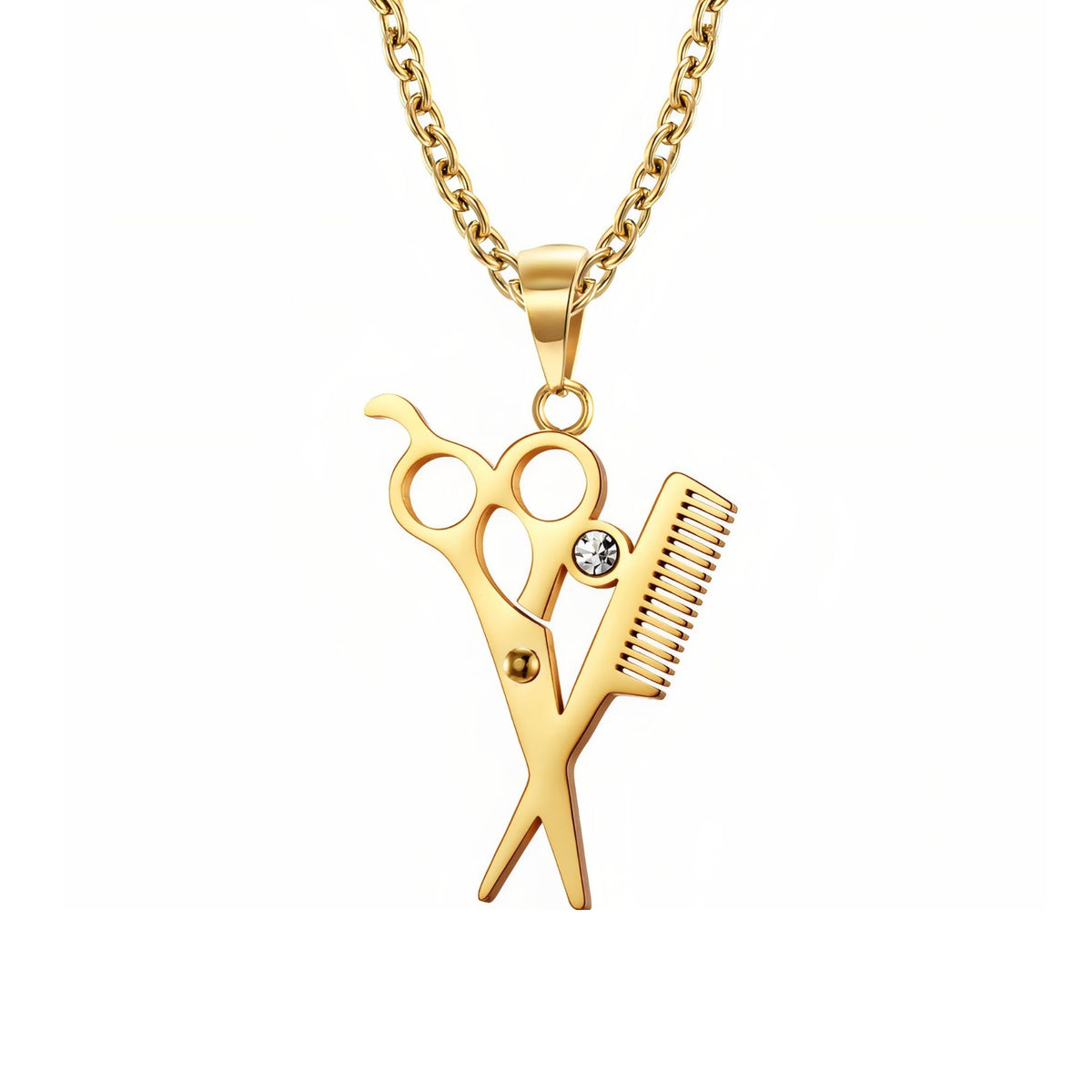 Collier ciseaux et peigne de coiffeur pour homme, en acier inoxydable, avec cristal décoratif