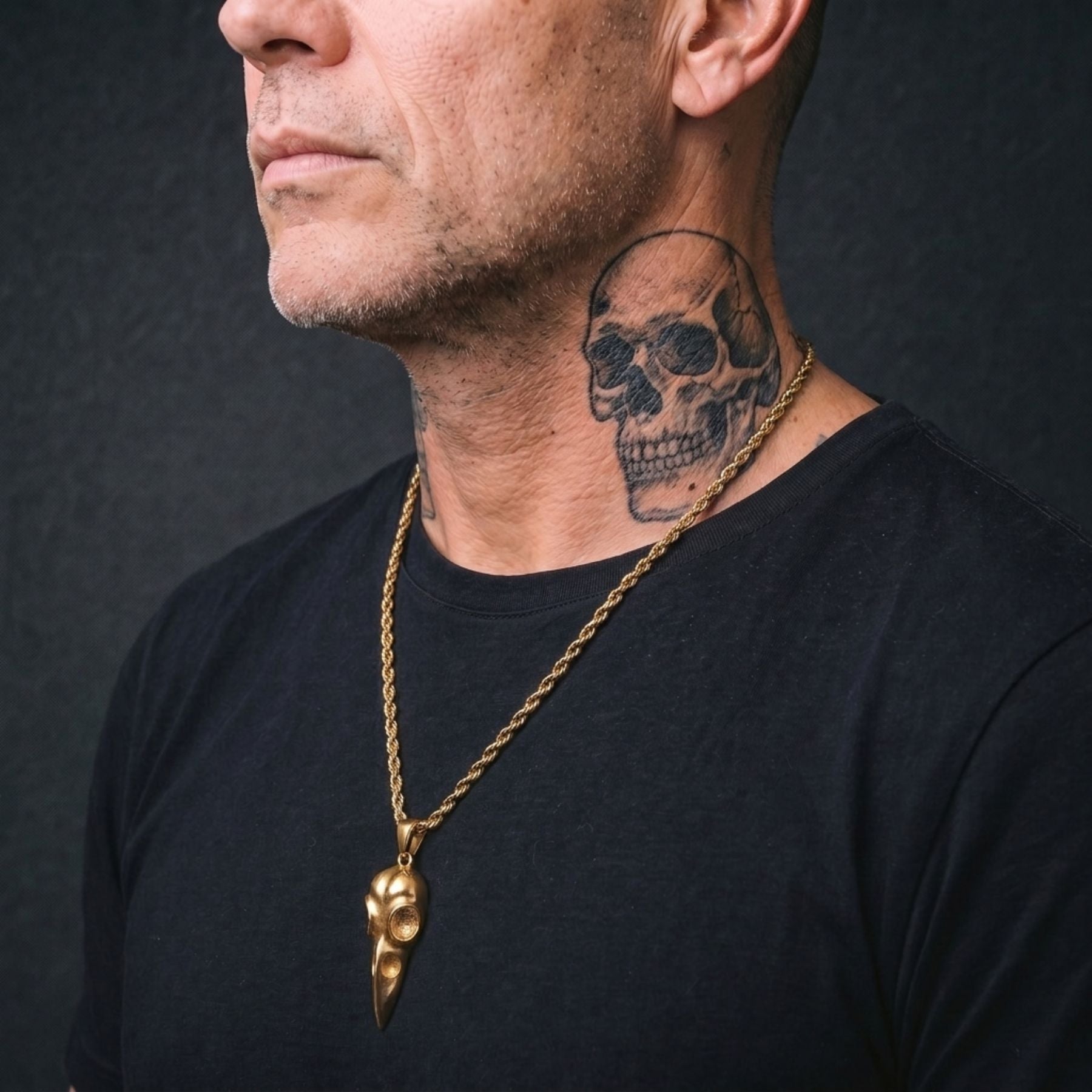 Men's raven skull necklace, in gold stainless steel, gothic style