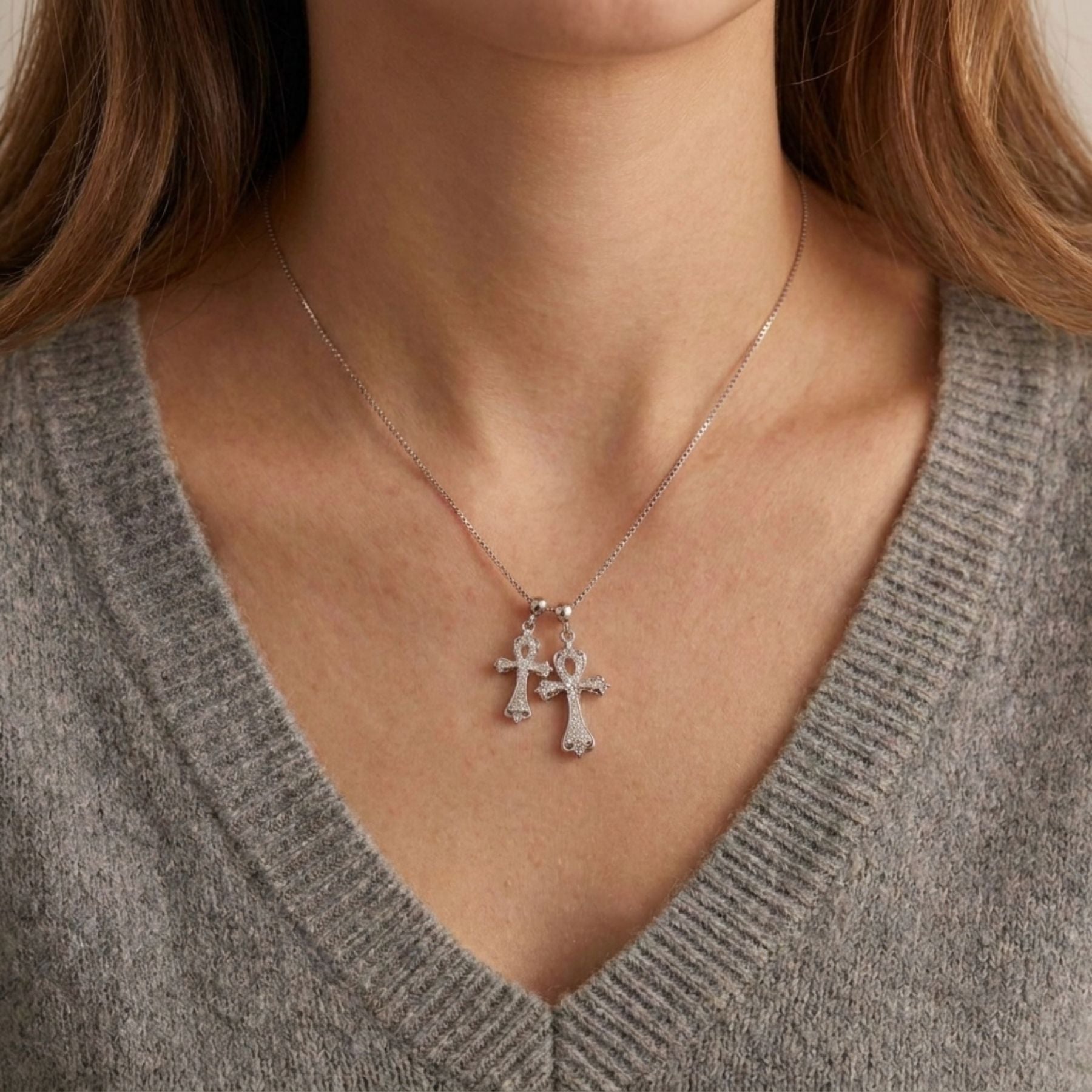 Collier double croix ankh égyptien pour femme, en alliage métallique