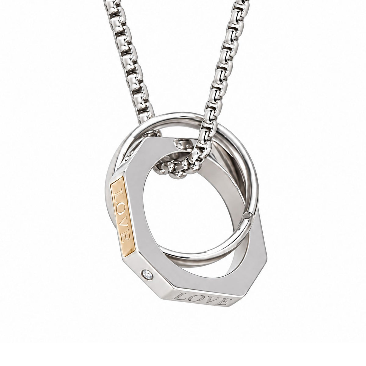 Collier pendentif double anneaux entrelacés pour homme, en acier inoxydable, gravé LOVE avec cristal scintillant