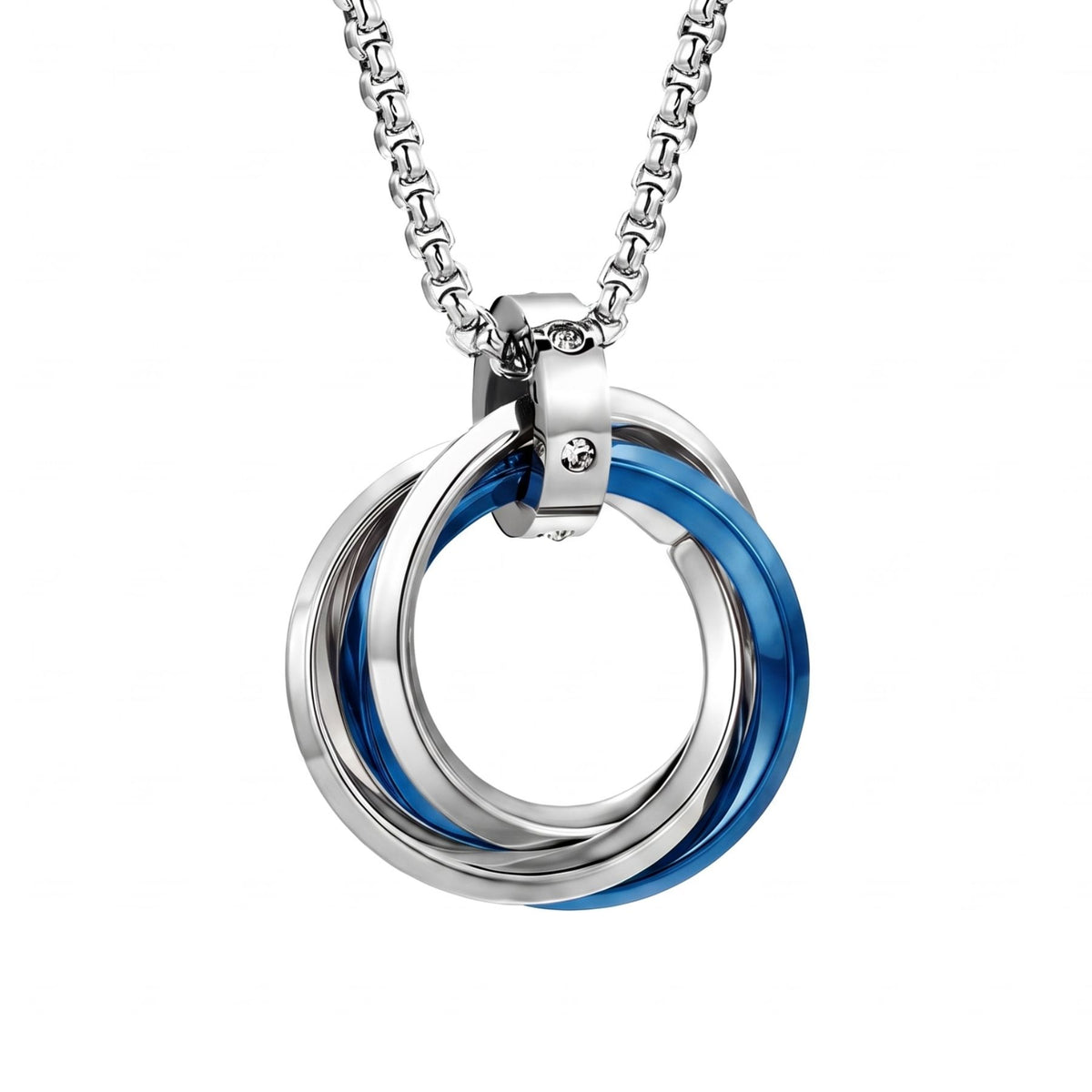 Collier pendentif triple anneaux entrelacés pour homme, en acier inoxydable, design circulaire avec cristaux et finitions colorées