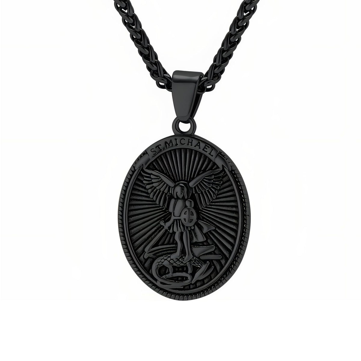 Collier pendentif Saint-Michel archange pour homme, en acier inoxydable, avec médaillon ovale sculpté