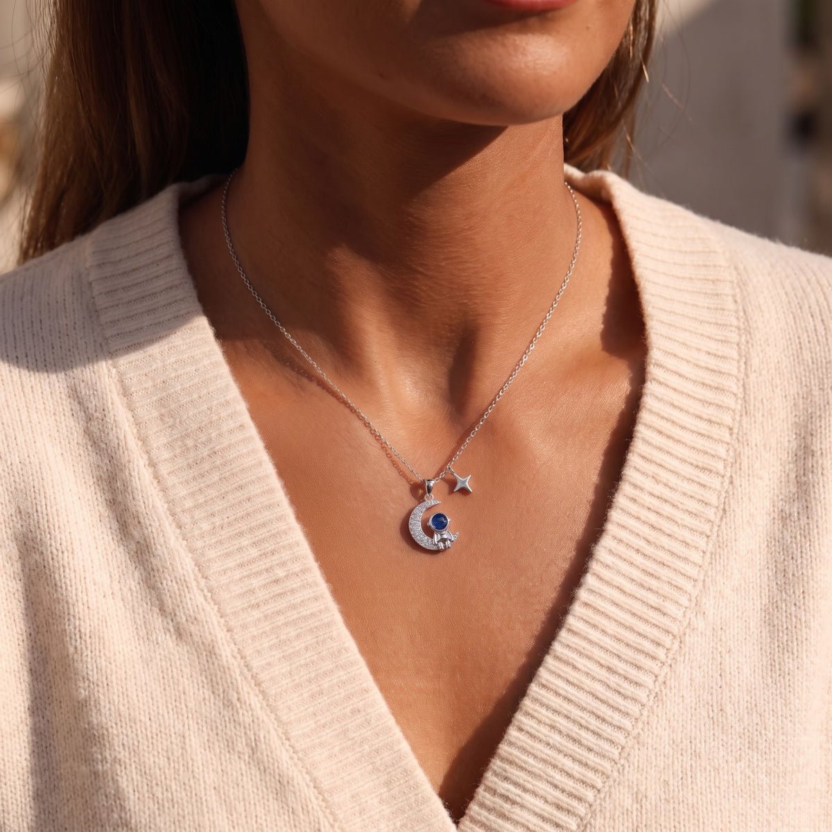 Collier astronaute pour femme, en argent 925, avec zircon, pendentif lune et étoile