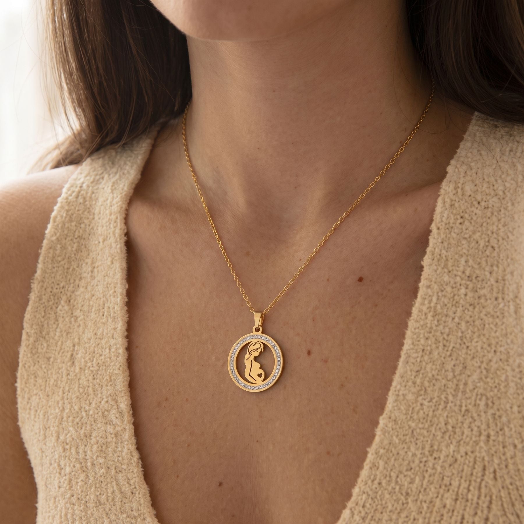 Collier grossesse pour femme, en acier inoxydable, pendentif maman enceinte serti de zircon