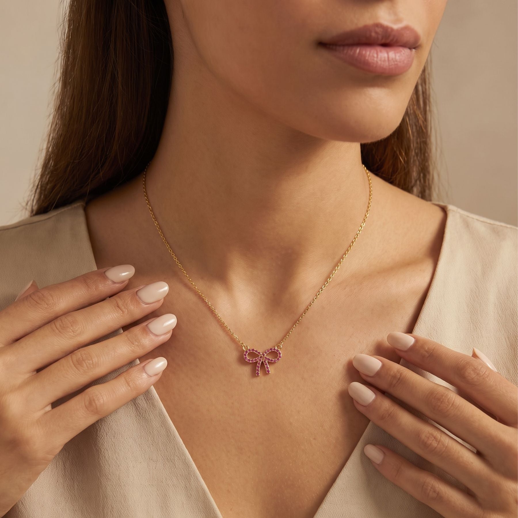 Collier noeud infini pour femme, en argent 925, avec zircons roses