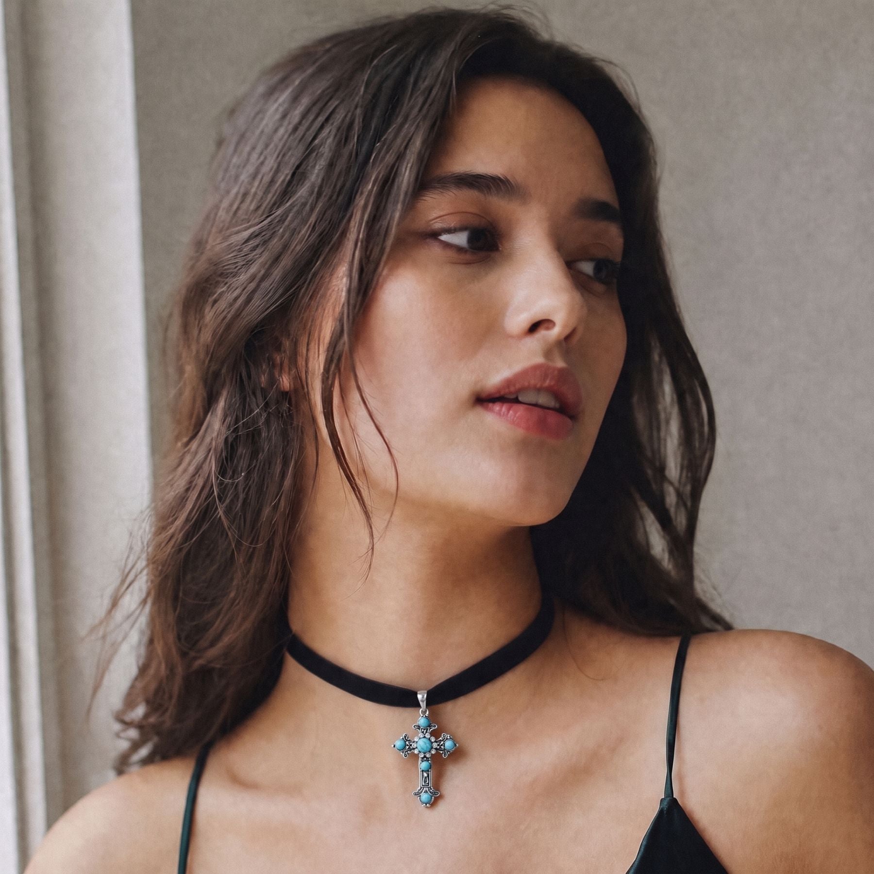 Gothisches viktorianisches Halsband für Damen, aus Zinklegierung, mit türkisfarbenem Stein