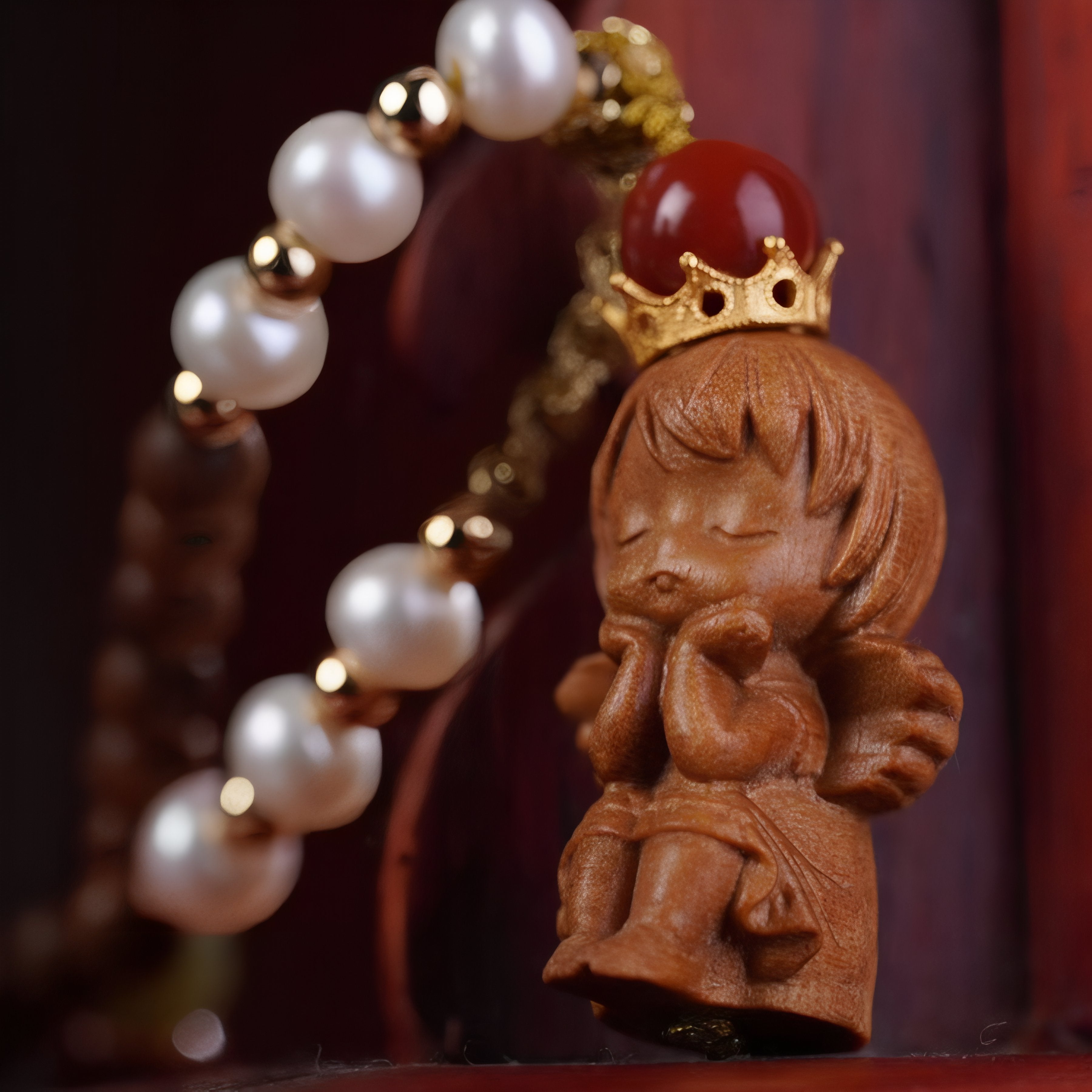 Halskette mit Anhänger für ein kleines Mädchen, aus Sandelholz geschnitzt, mit Holzperlen, Perlmuttperlen und Metalllegierung