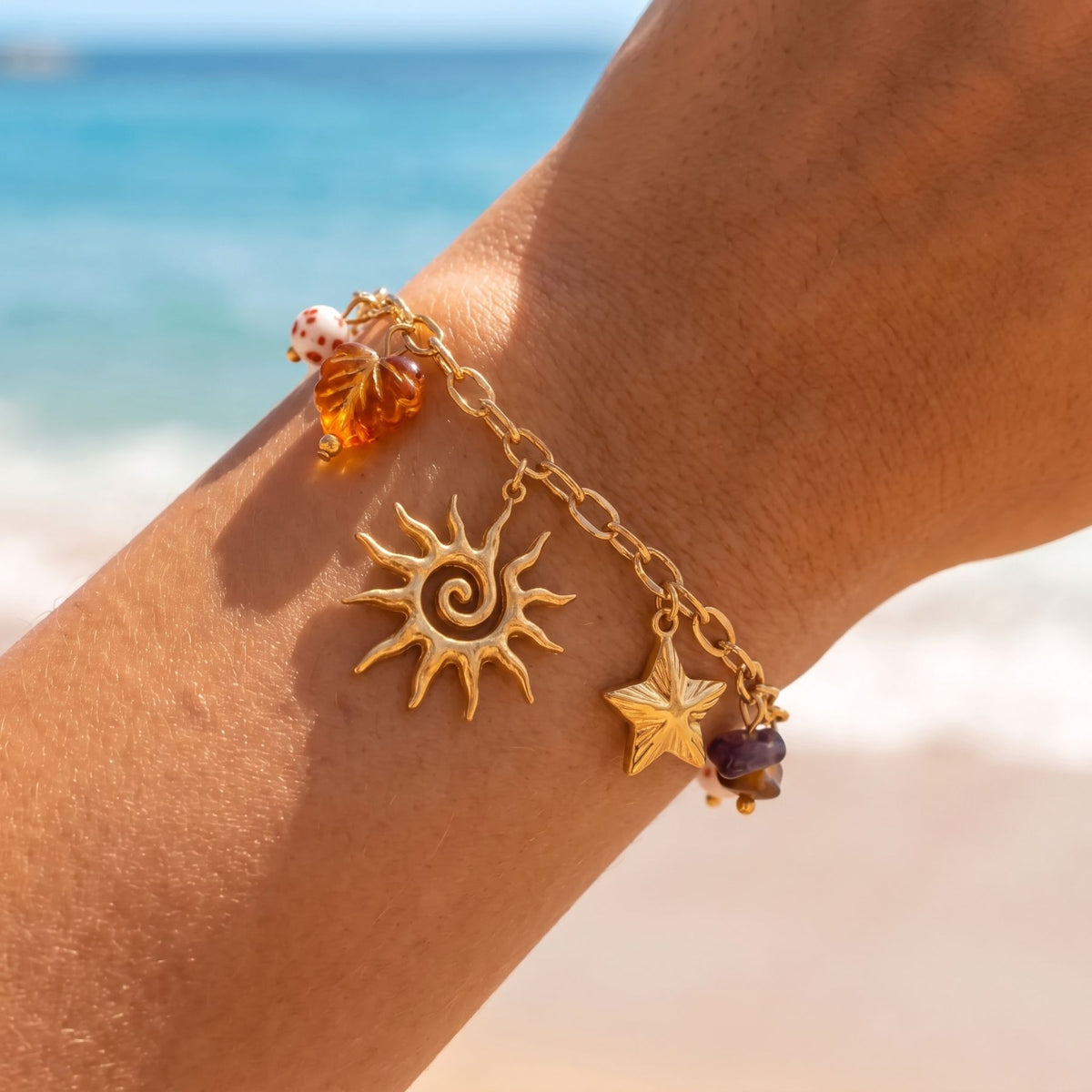 Parure de bijoux bohème pour femme, collier et bracelet en acier inoxydable doré, charms soleil