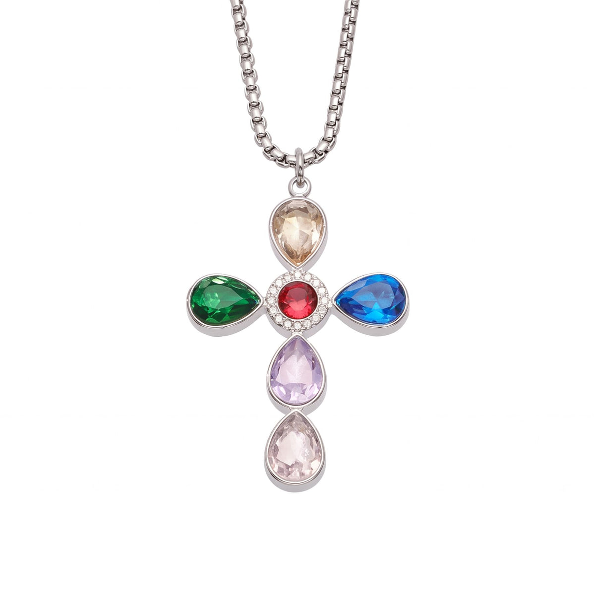 Collana con croce da donna, in acciaio inox argentato, ciondolo incastonato con zirconi colorati a forma di goccia