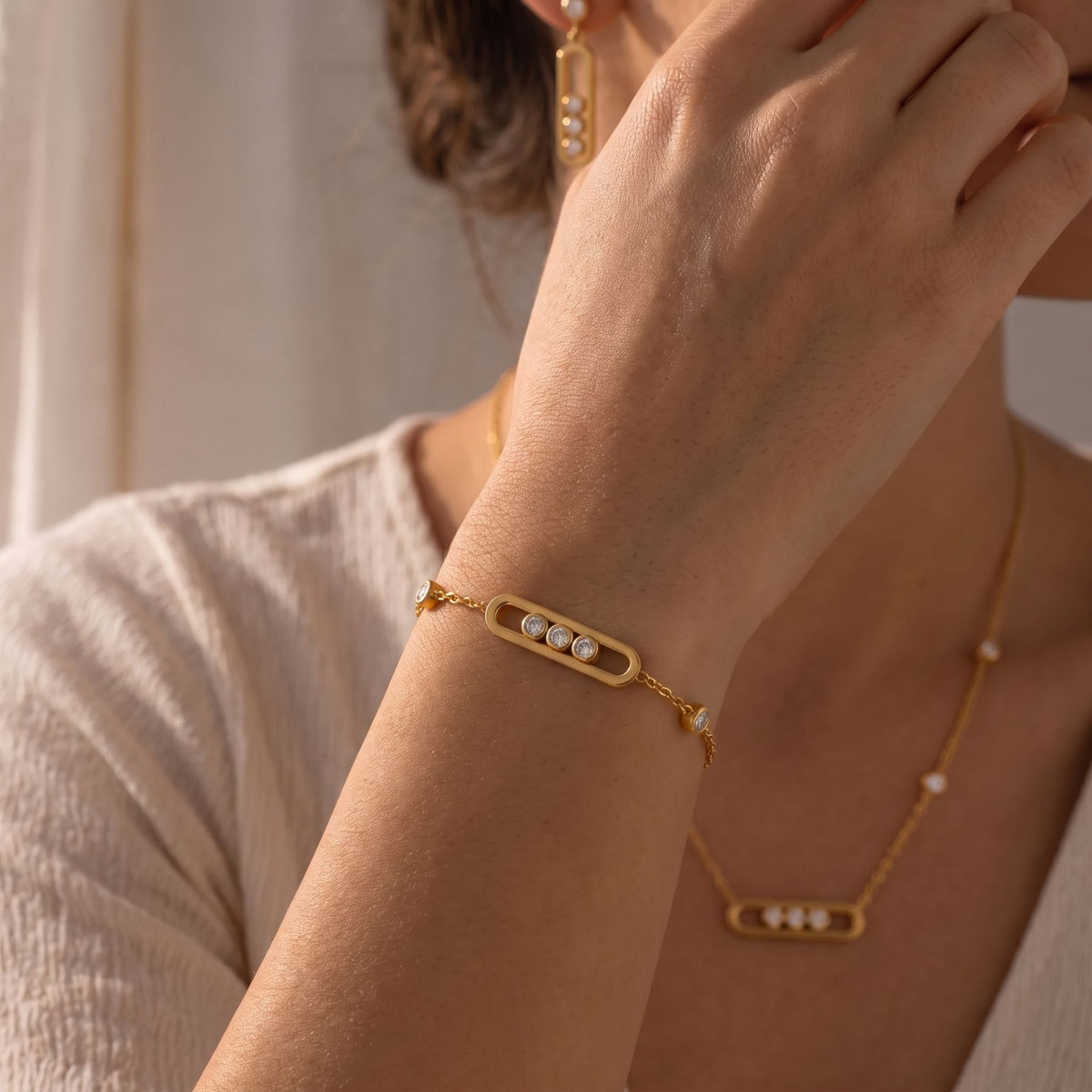Parure de bijoux pour femme, bracelet, collier et boucles d'oreilles en acier inoxydable doré, avec motif rectangulaire serti