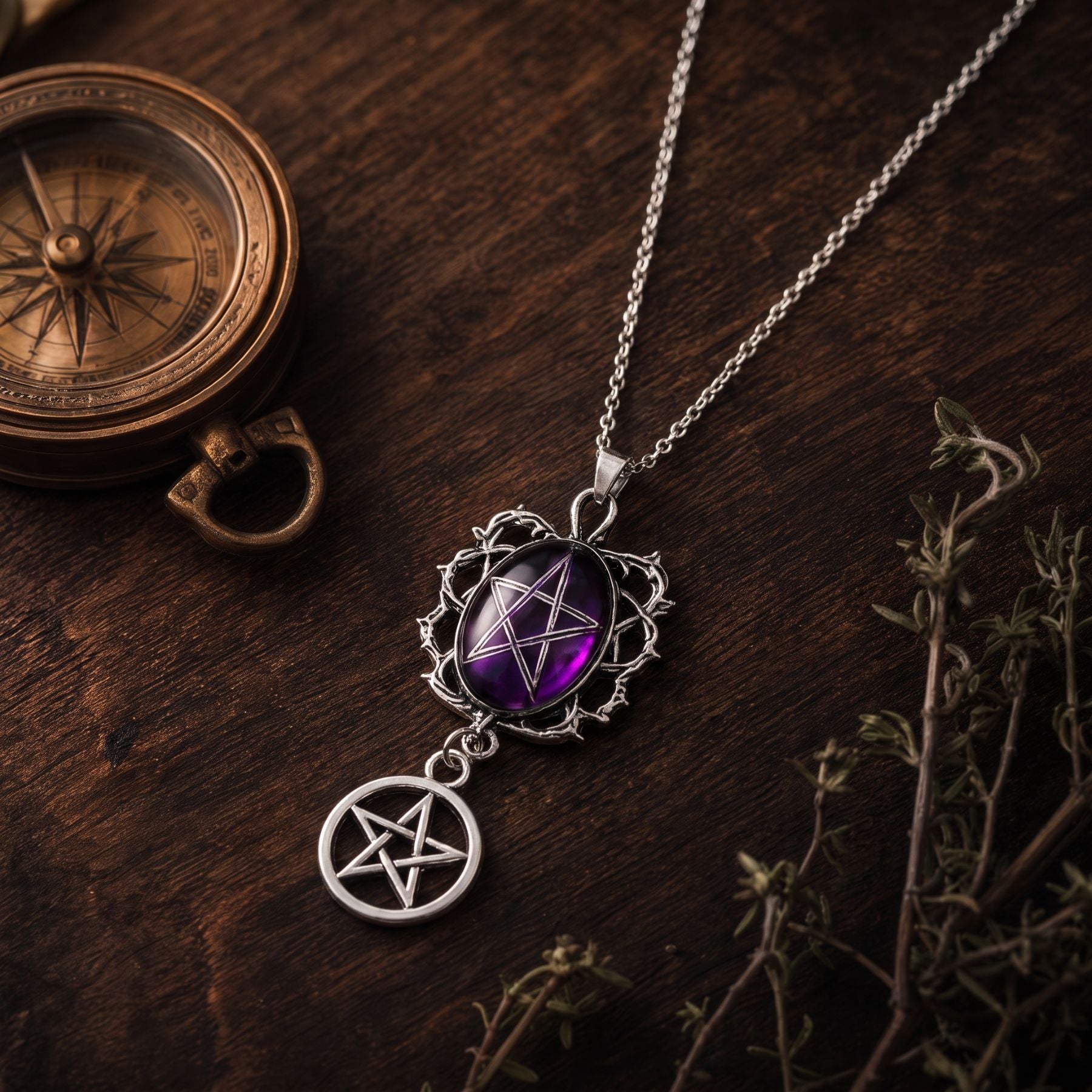 Dámský satanský pentagramový náhrdelník ze slitiny zinku s fialovým kamenem
