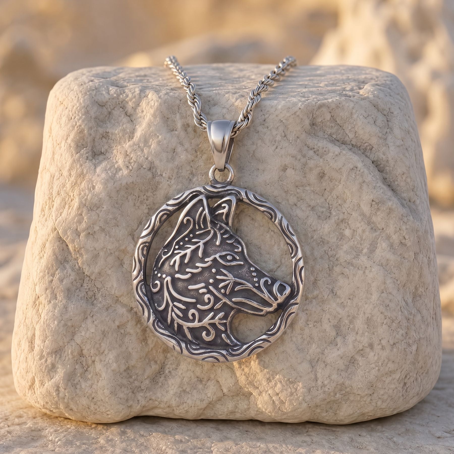 Collier pendentif loup pour homme, en acier inoxydable, design viking argenté