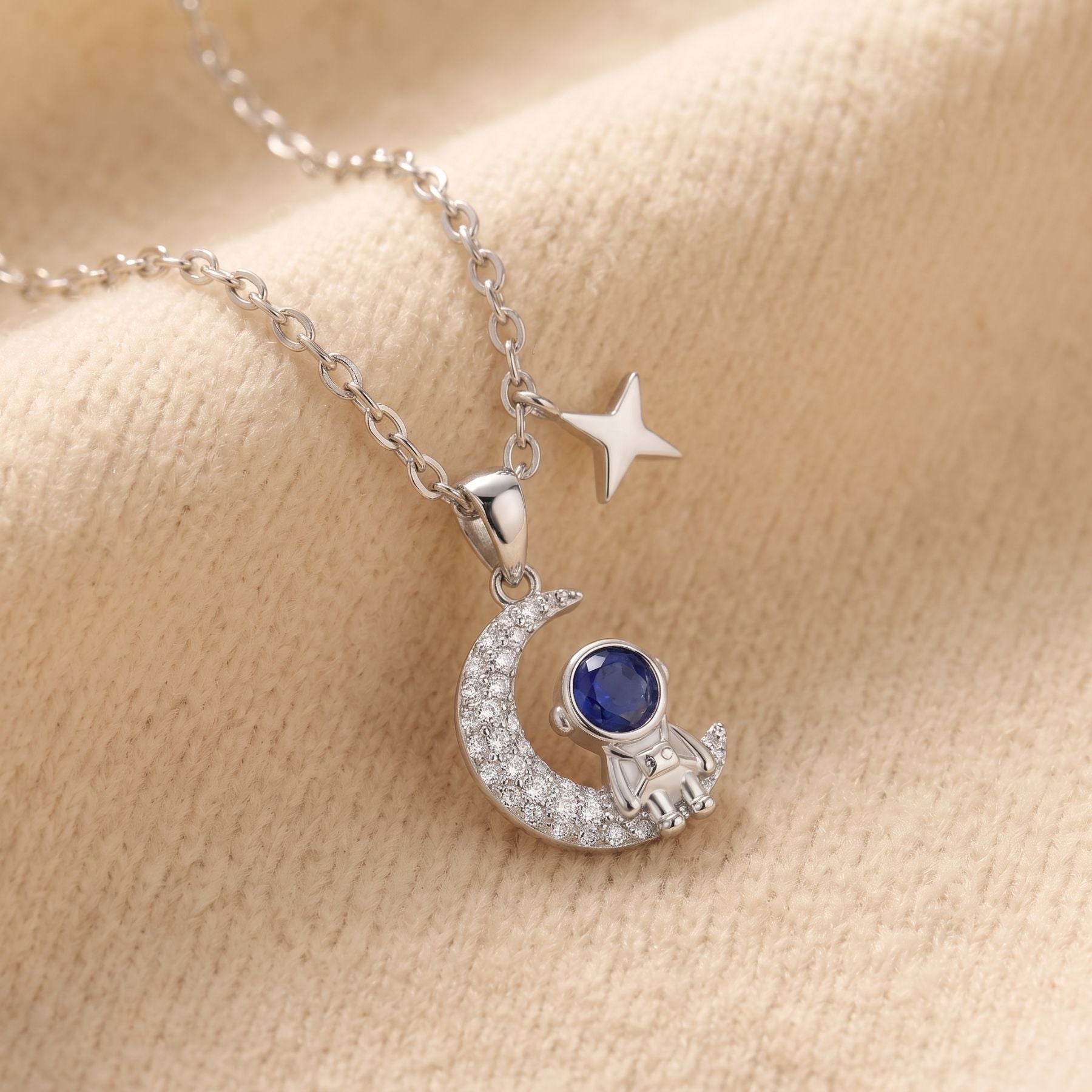 Collier astronaute pour femme, en argent 925, avec zircon, pendentif lune et étoile