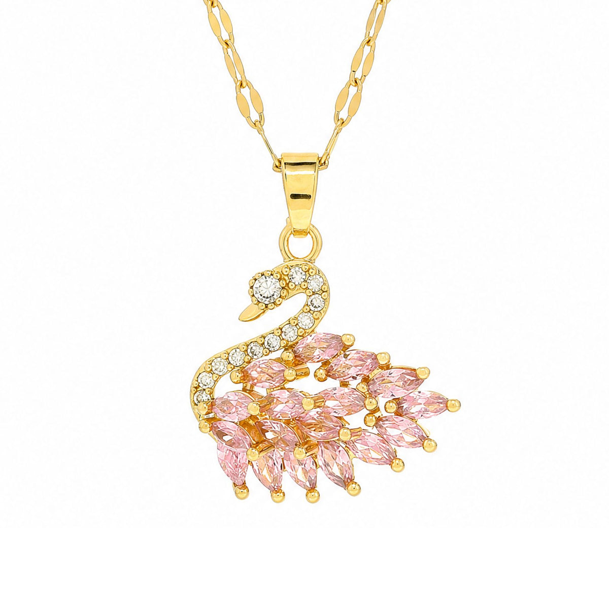 Collier pendentif cygne pour femme, en acier titane doré, avec pierres colorées en forme de plume