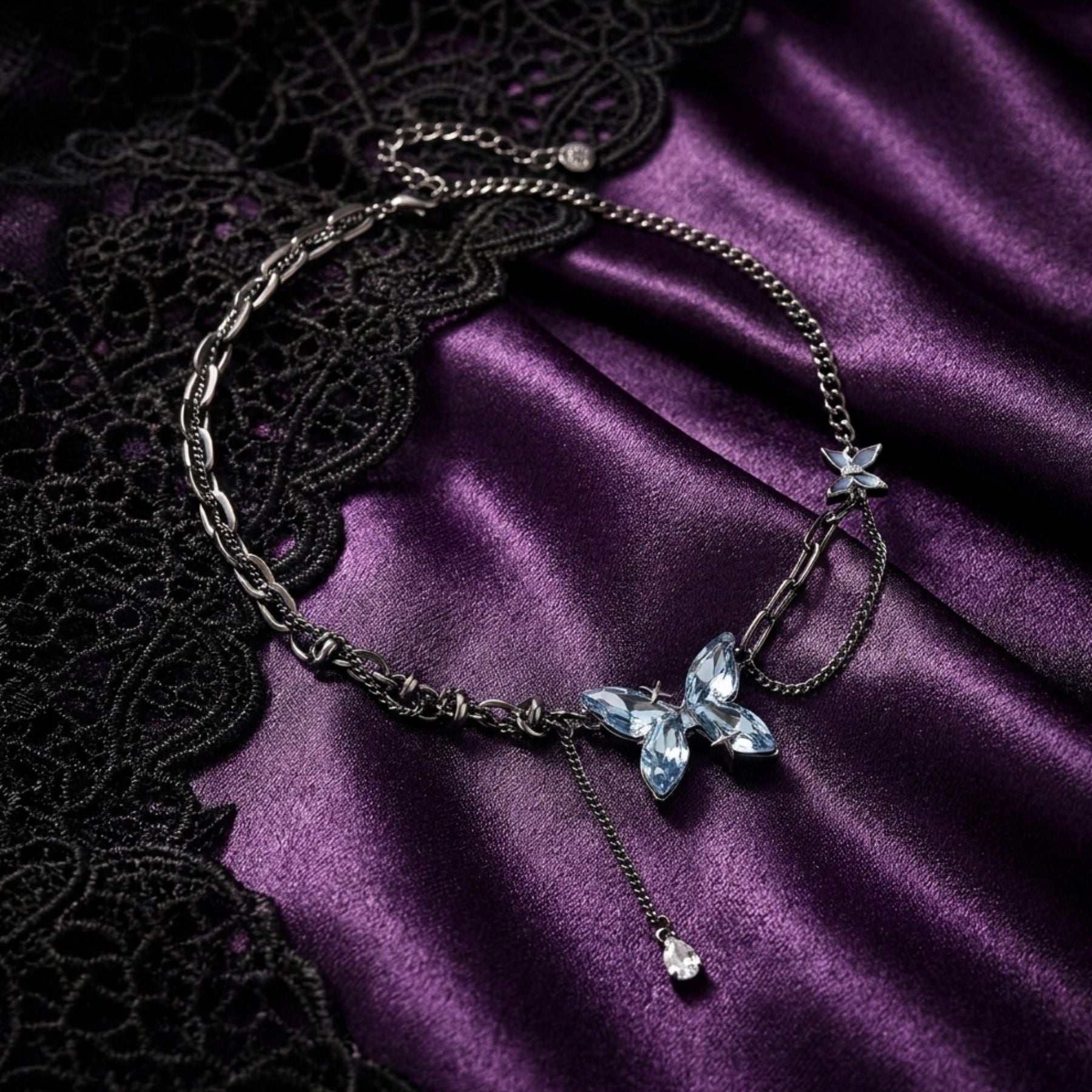 Collier grunge pour femme, en cuivre, avec pendentif papillon bleu effet cristal