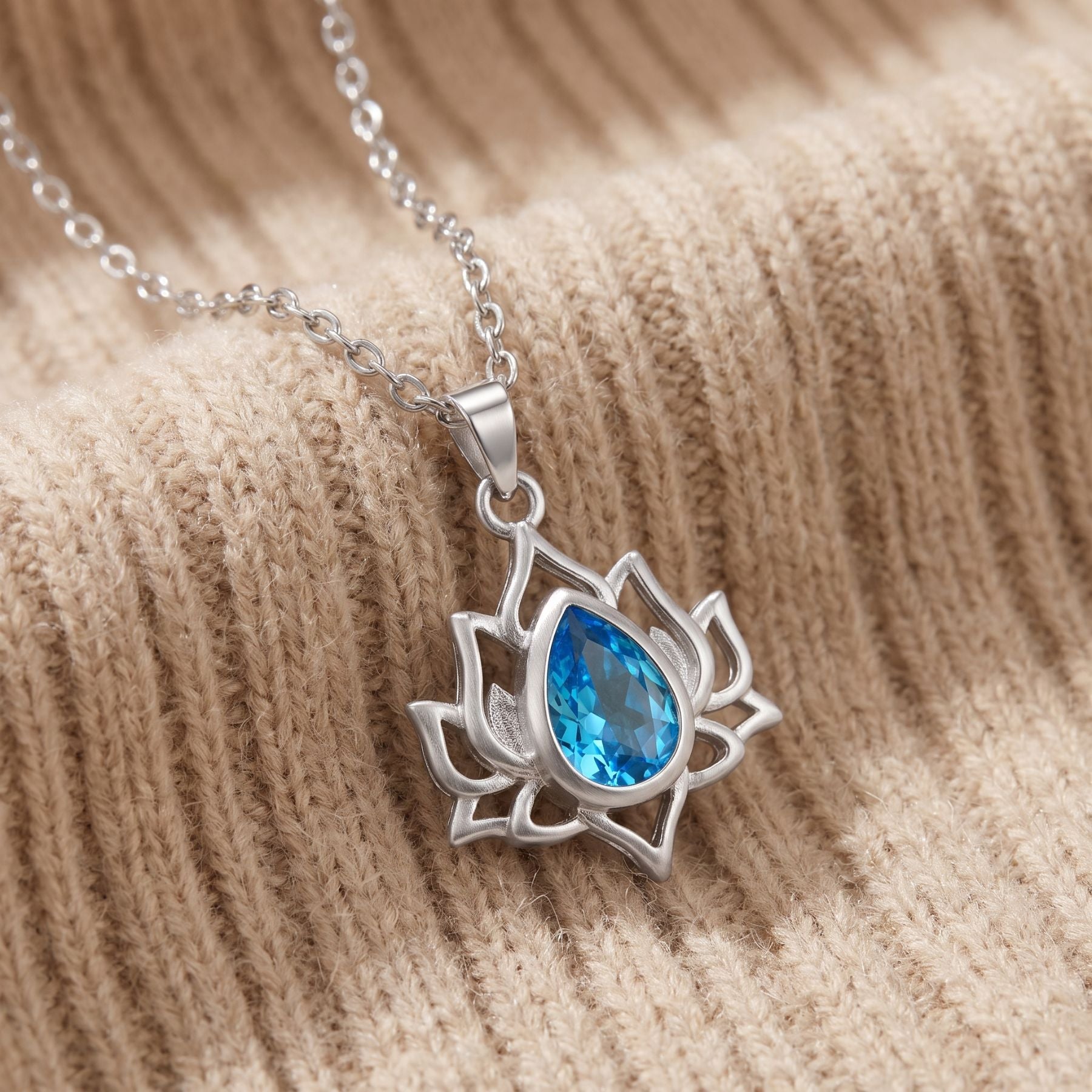 Collier fleur de lotus pour femme, en argent 925, avec pierre bleue