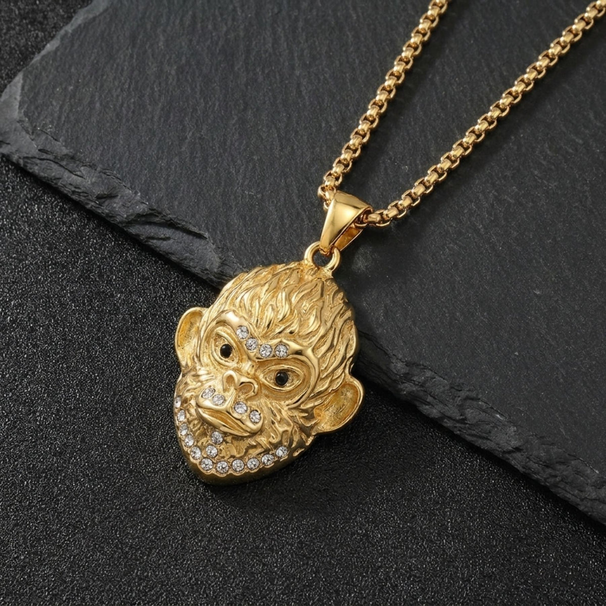 Collier tête de singe pour homme, en acier inoxydable, avec détails scintillants