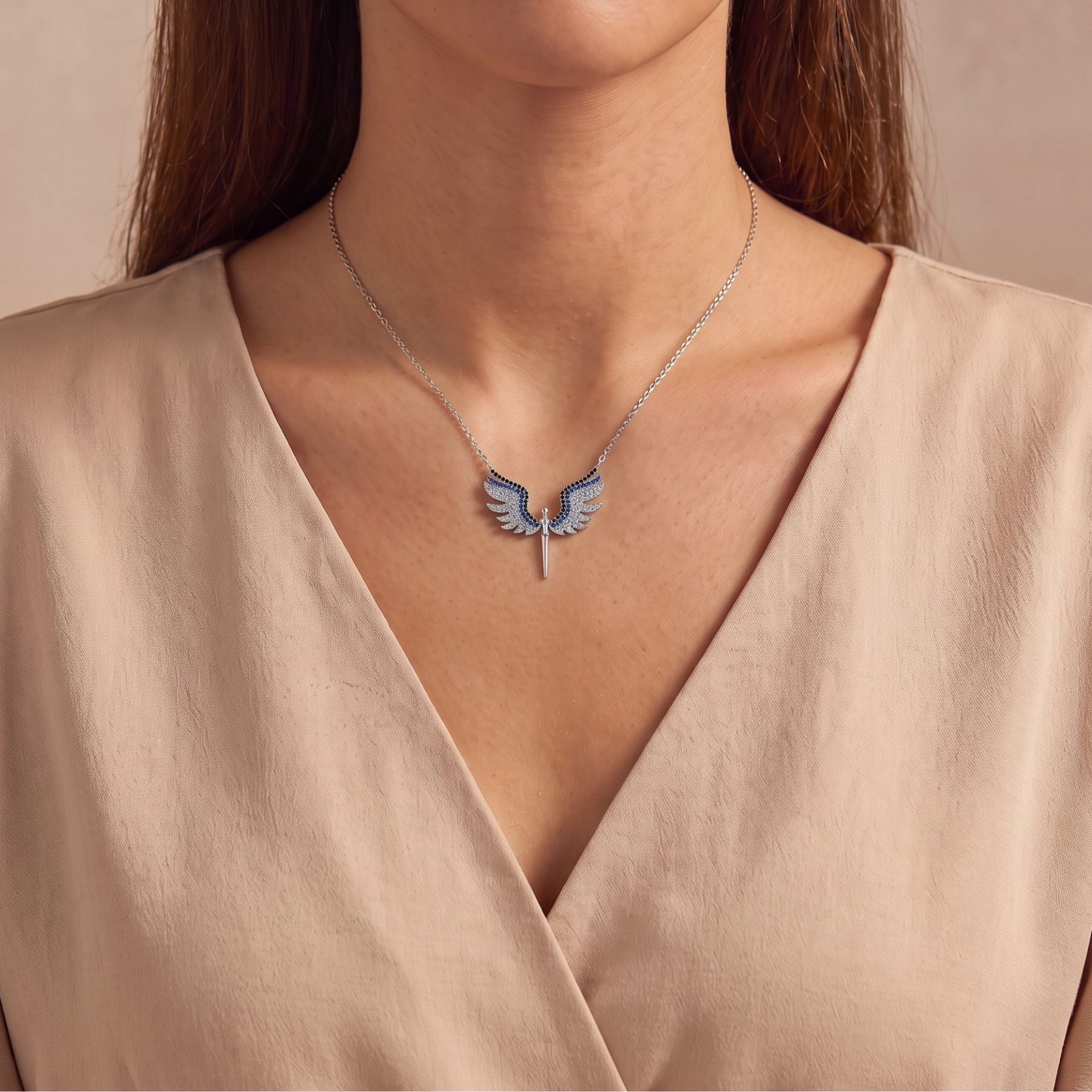 Collier pendentif ailes d’ange pour femme, en argent 925, avec pierres scintillantes