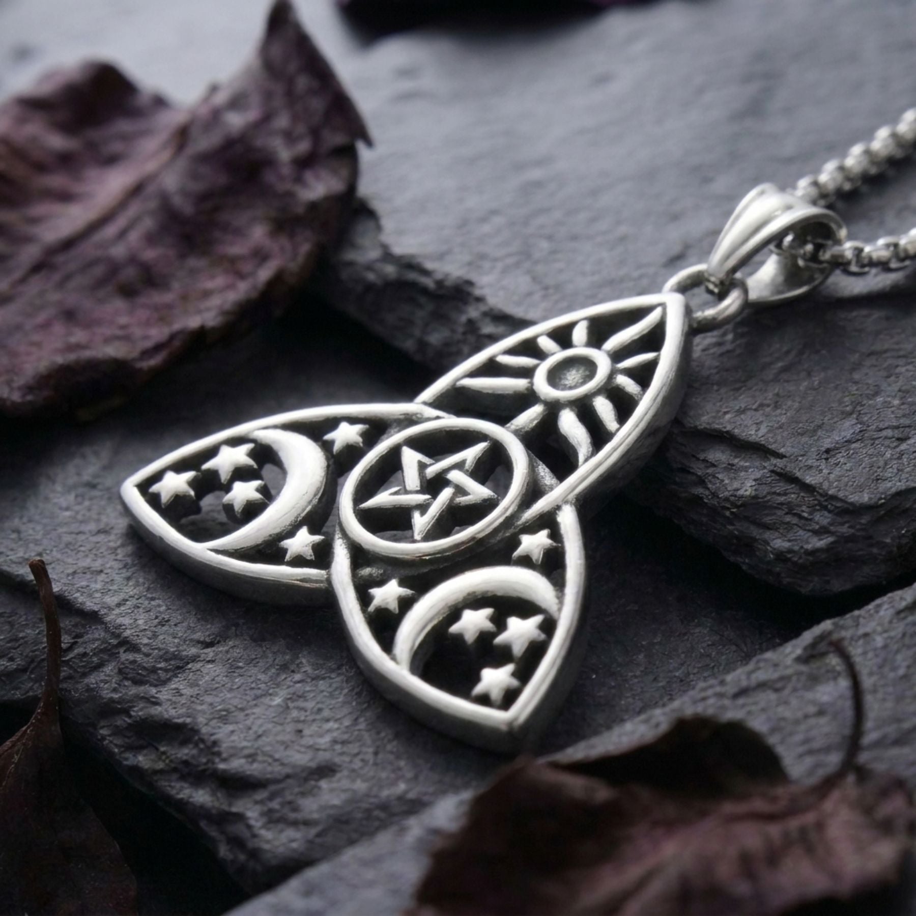 Collier sorcière unisexe, en acier inoxydable, avec pendentif lune et étoiles
