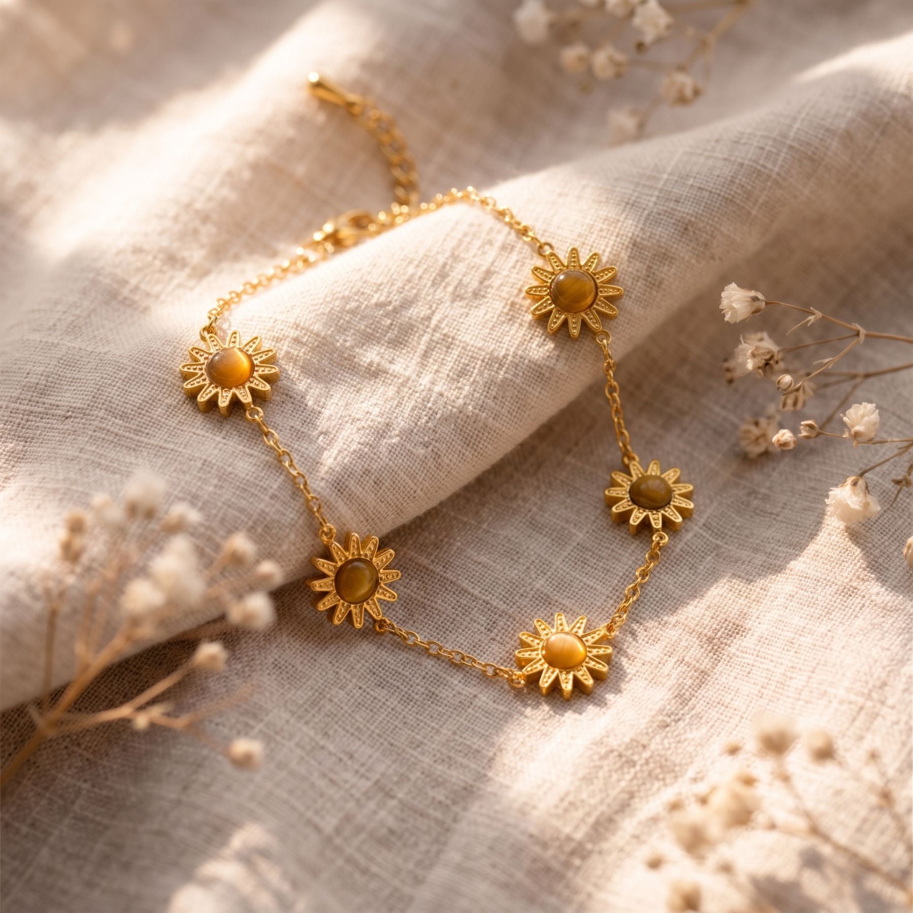 Parure de bijoux soleil pour femme, collier, bracelet et boucles d'oreilles en acier inoxydable doré, avec œil de tigre