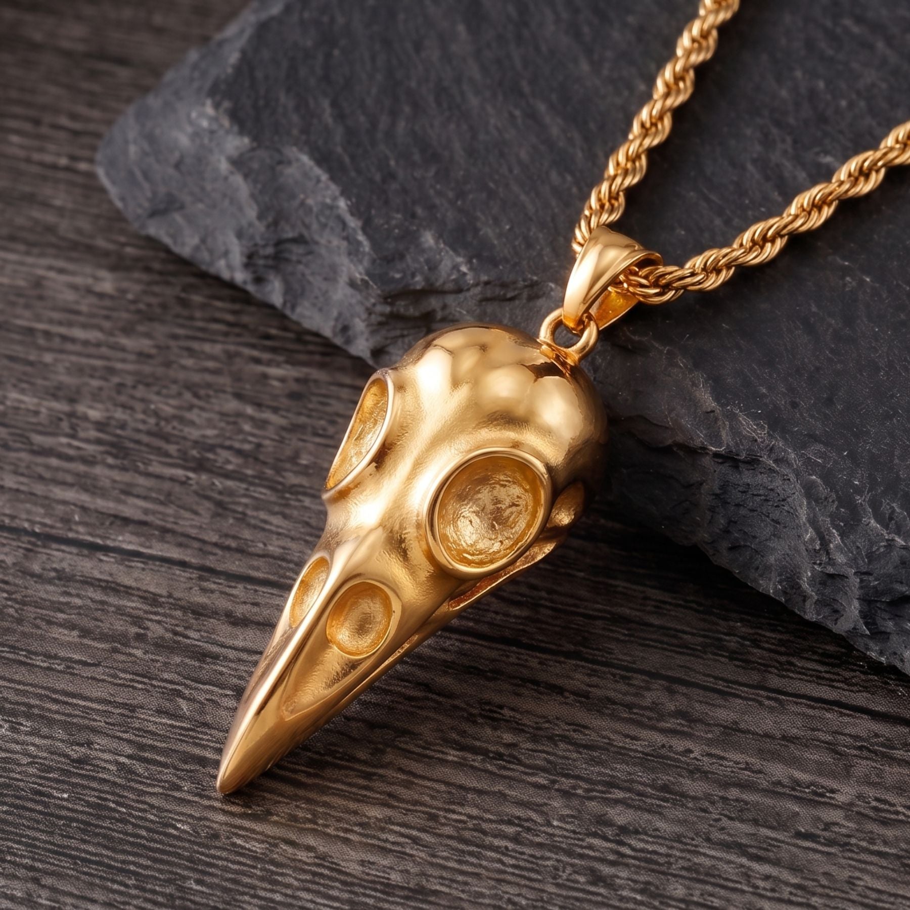Men's raven skull necklace, in gold stainless steel, gothic style