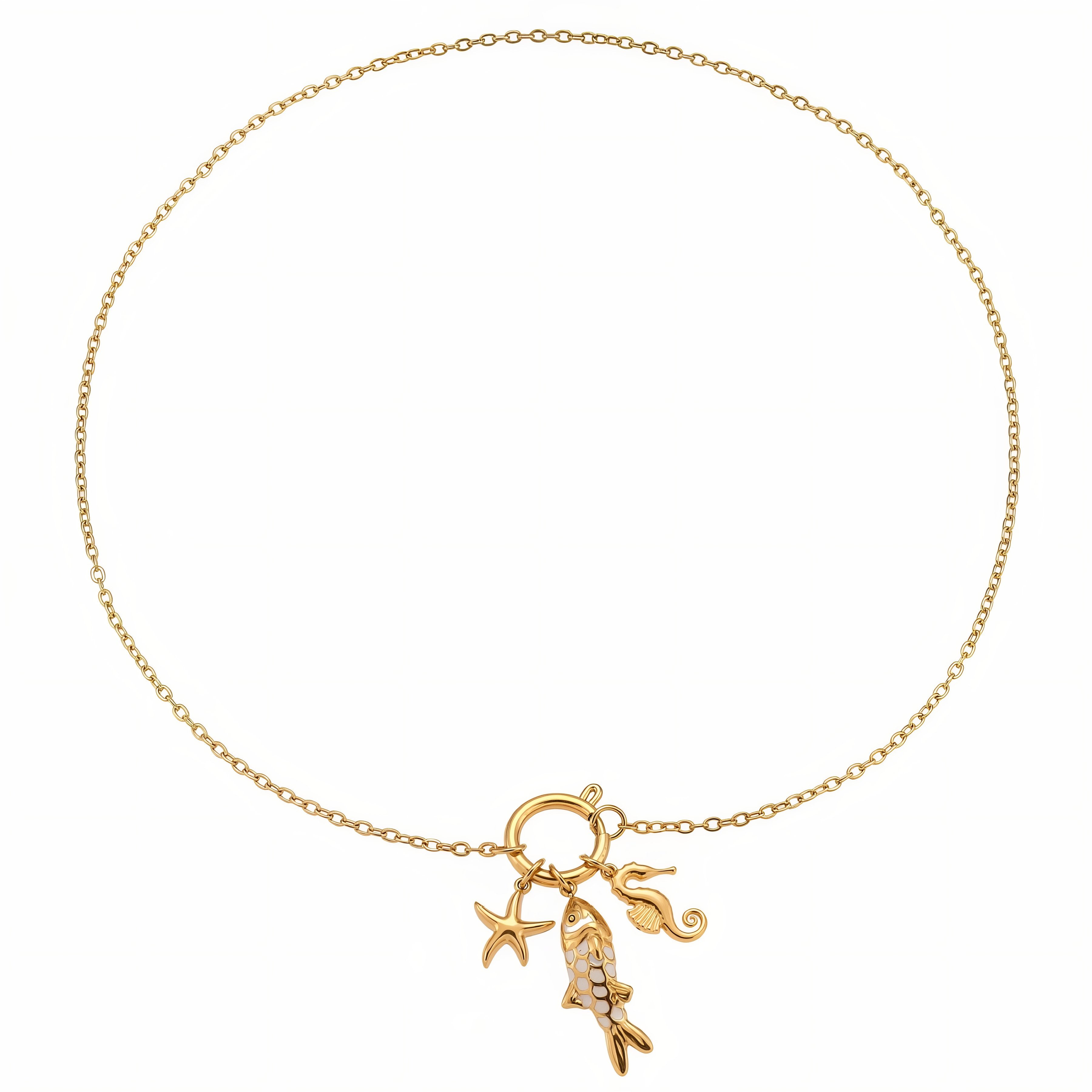 Collier breloques marin, pendentifs poisson, étoile de mer et hippocampe, en acier inoxydable plaqué or