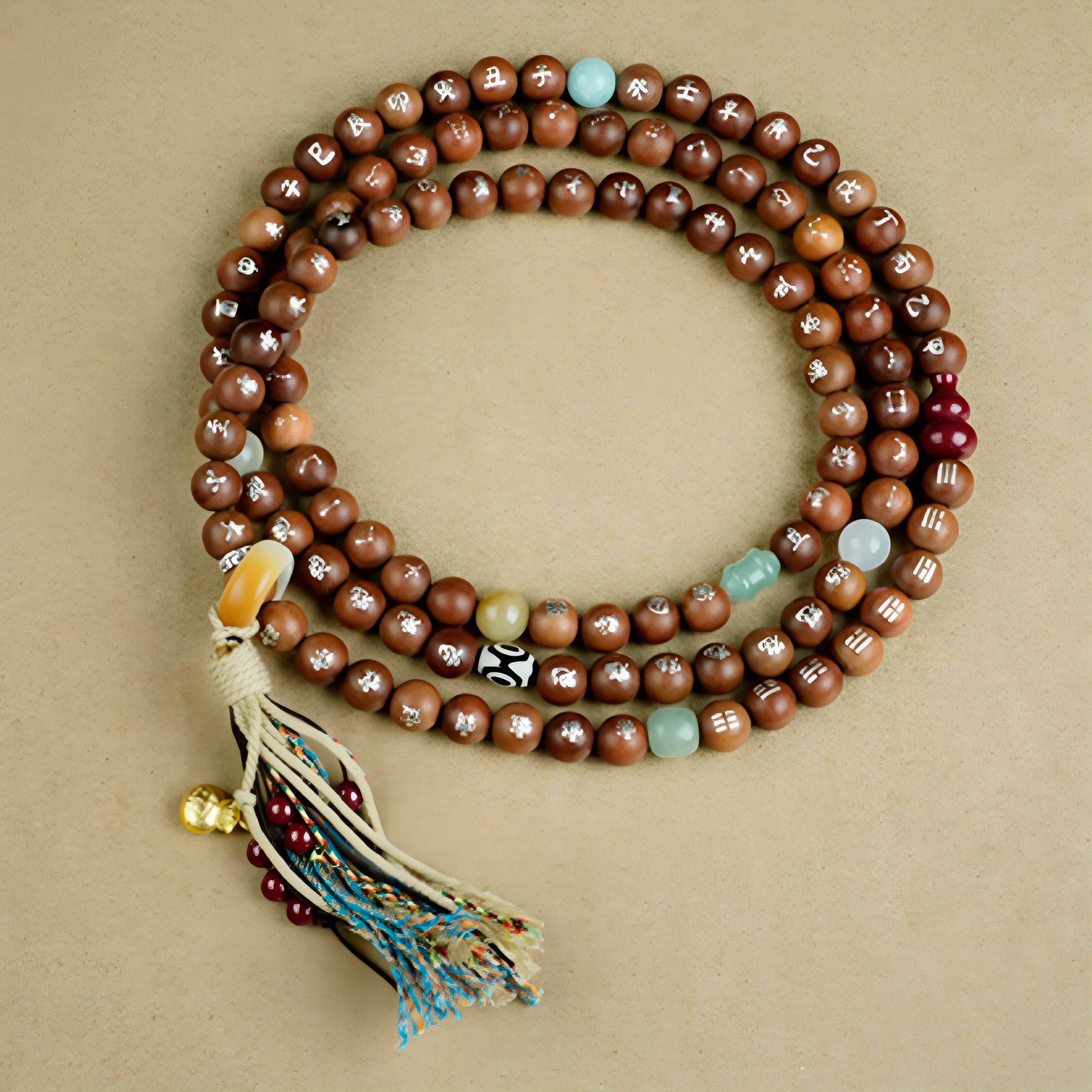 Collier taoïste en bois de jujubier, avec 108 perles et incrustations argent, style spirituel