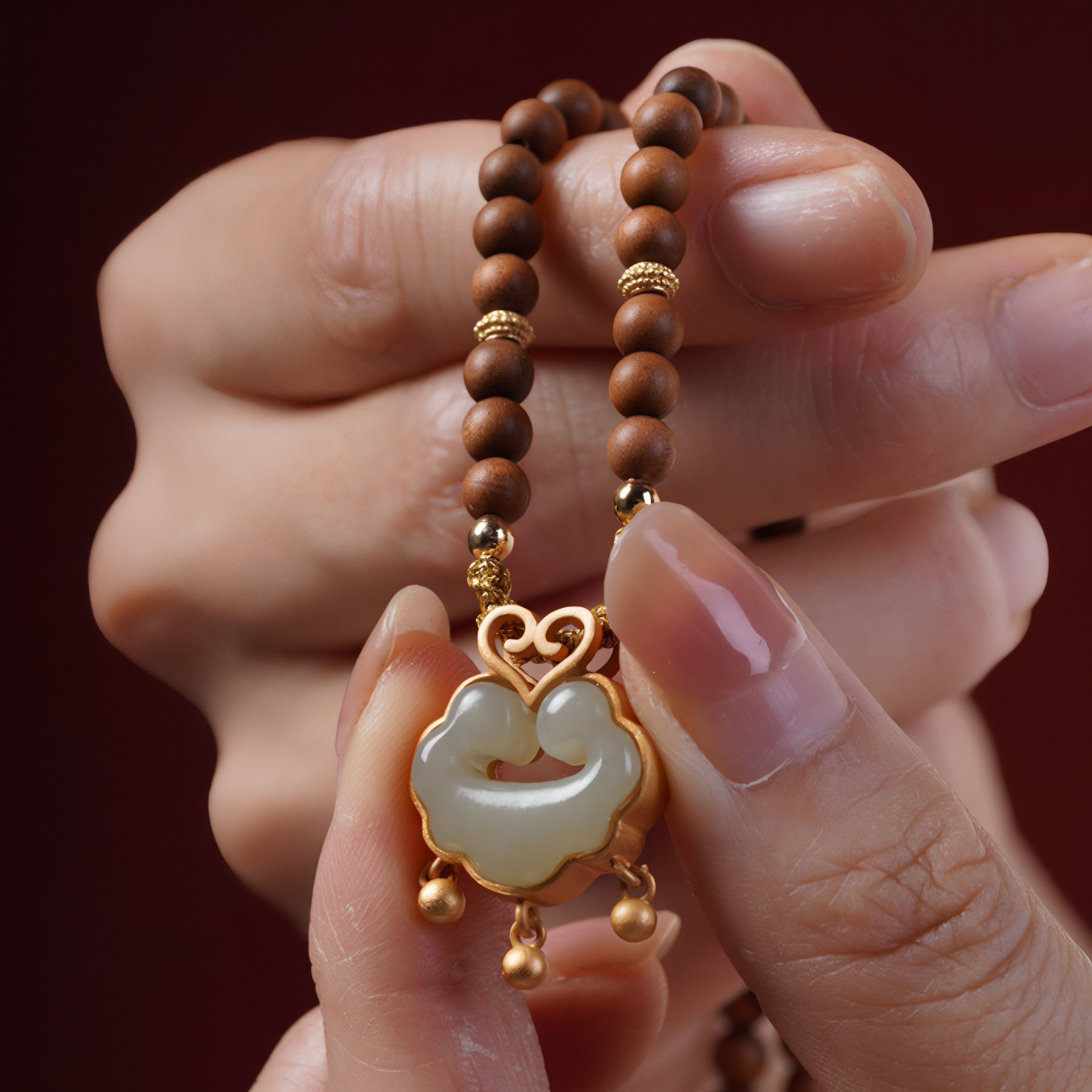 Halskette aus Sandelholzperlen und natürlichem grünem Jadestein, mit einem Anhänger in Form einer Glückswolke und einer Metalllegierung.