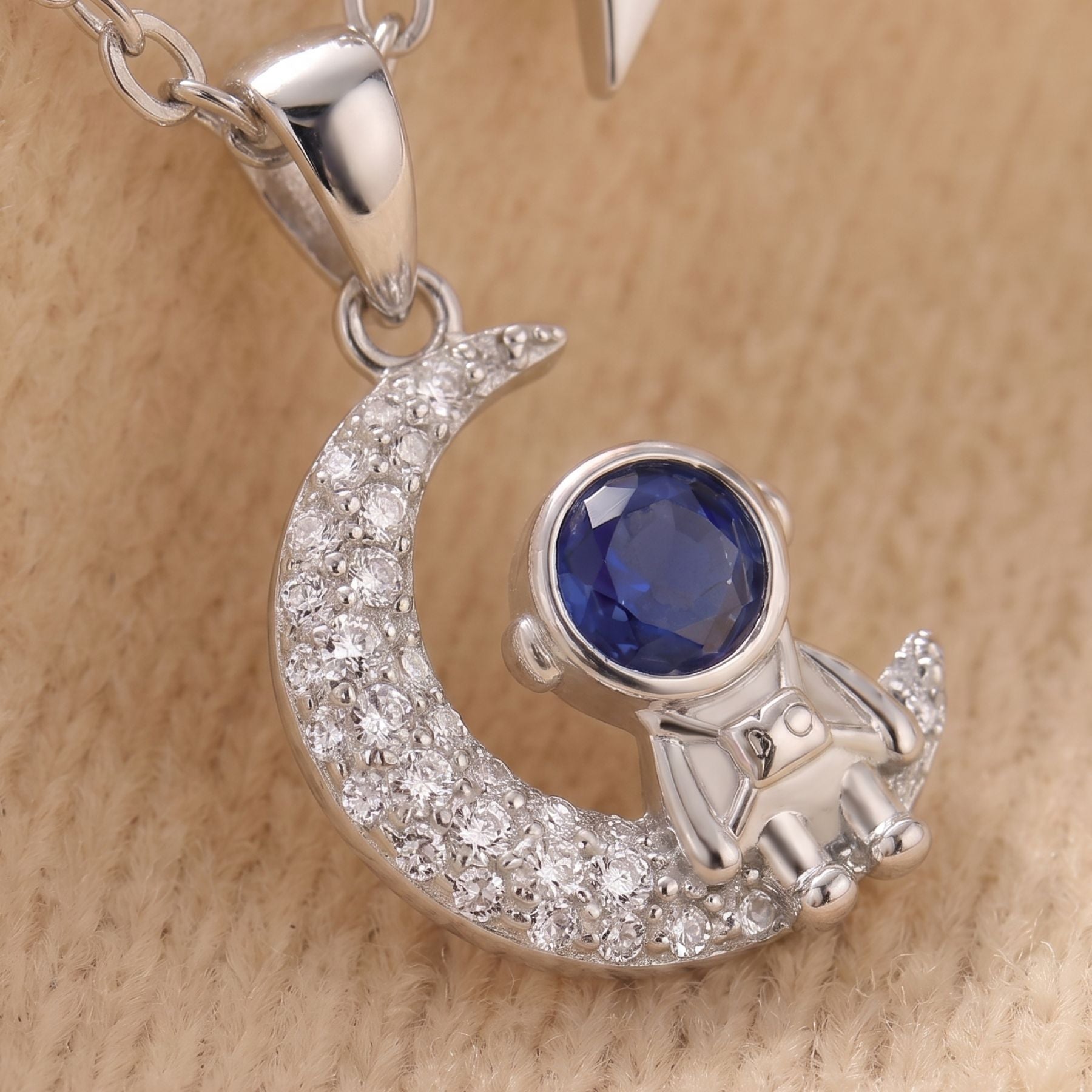 Collier astronaute pour femme, en argent 925, avec zircon, pendentif lune et étoile